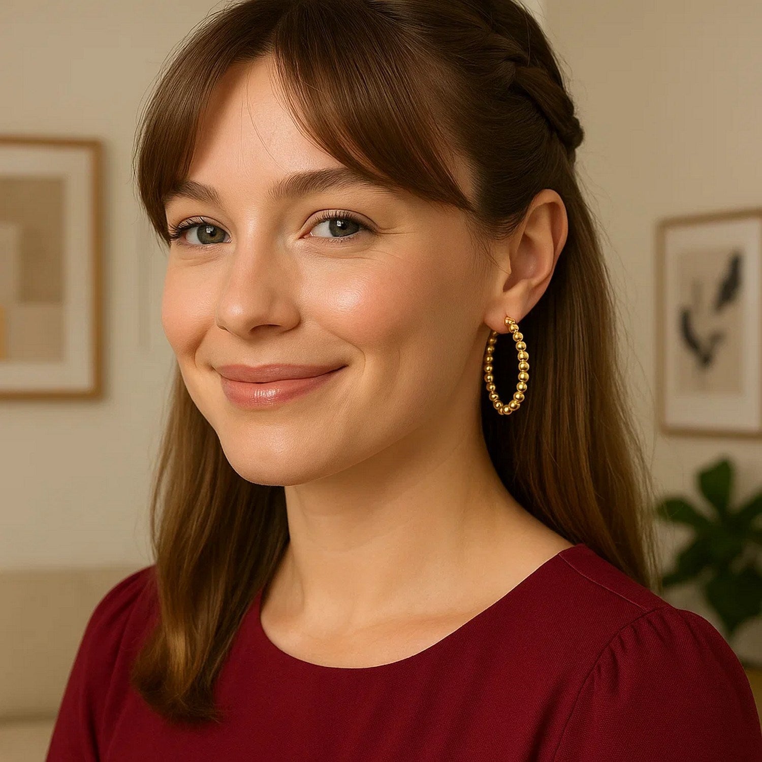 14K yellow gold polished large bead hoop earrings on a woman.