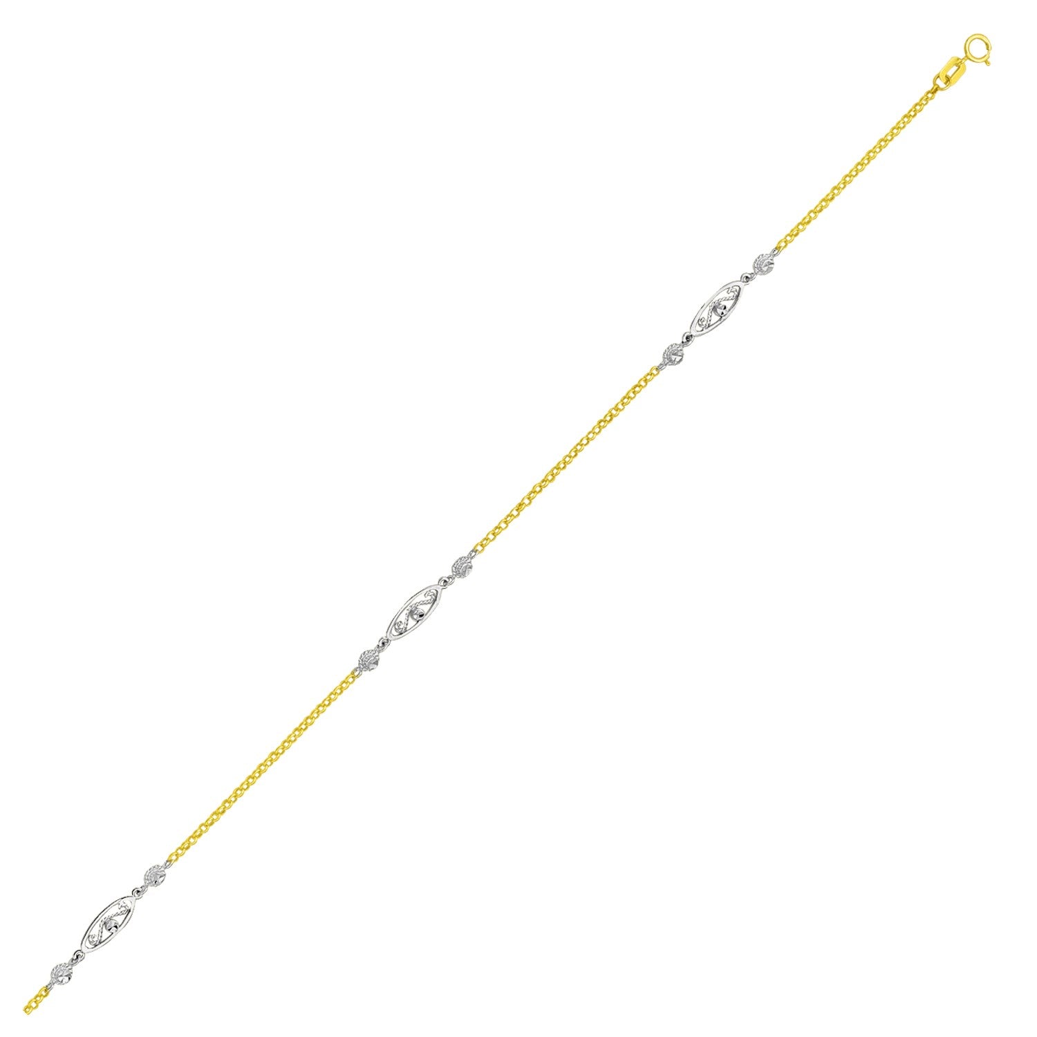 14k two-tone gold chain anklet with rope design oval stations and a spring ring clasp.