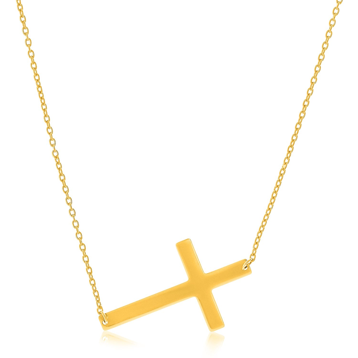 14k yellow gold plain cross motif necklace with a cable chain.