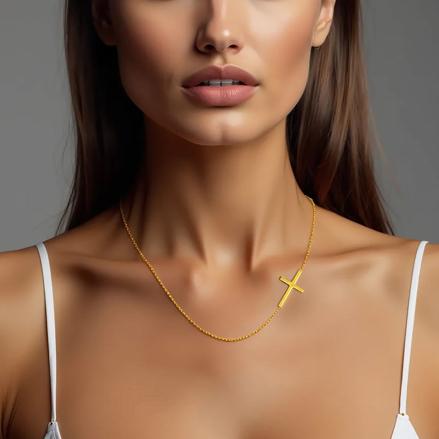 14k yellow gold plain cross motif necklace on a woman's neck.