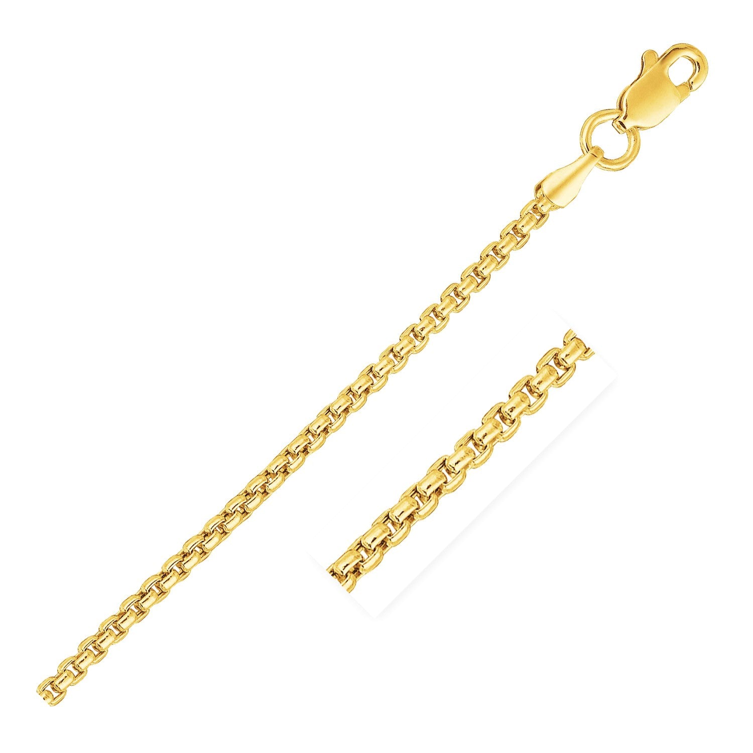 14k yellow gold solid round box chain with a lobster clasp.