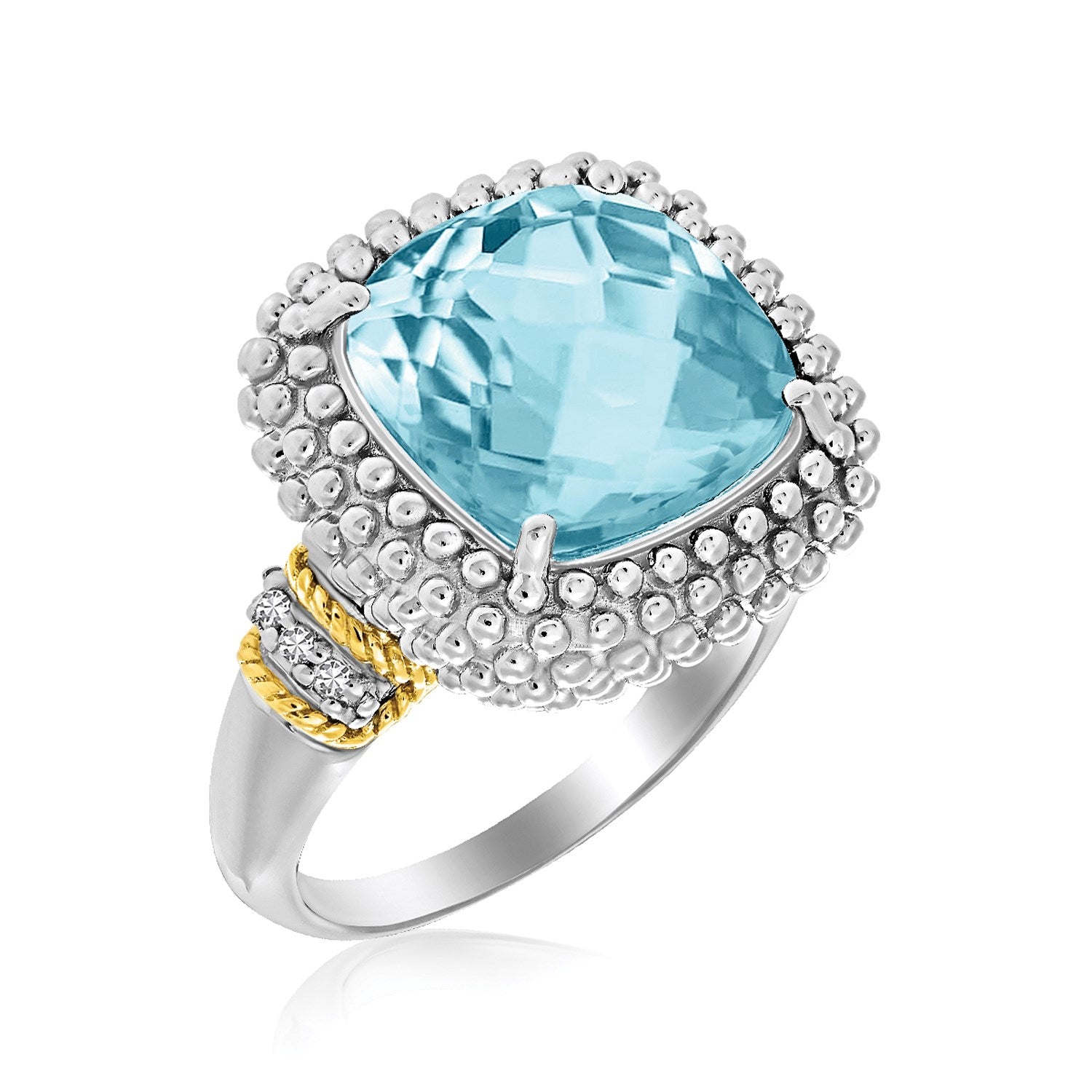 Sterling silver and 18k yellow gold ring with a cushion-cut sky blue topaz and diamonds.