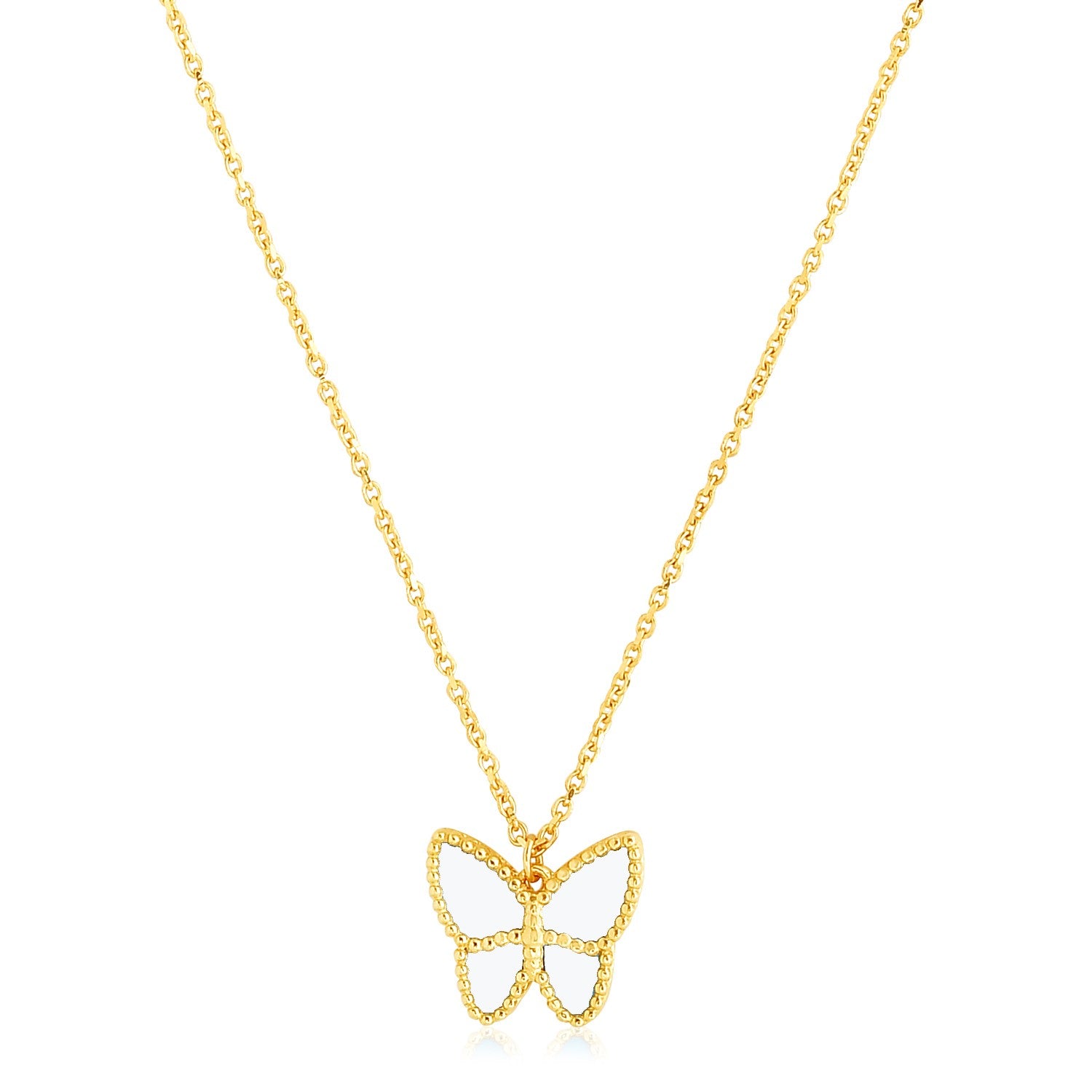14k yellow gold necklace with a high polish butterfly pendant.