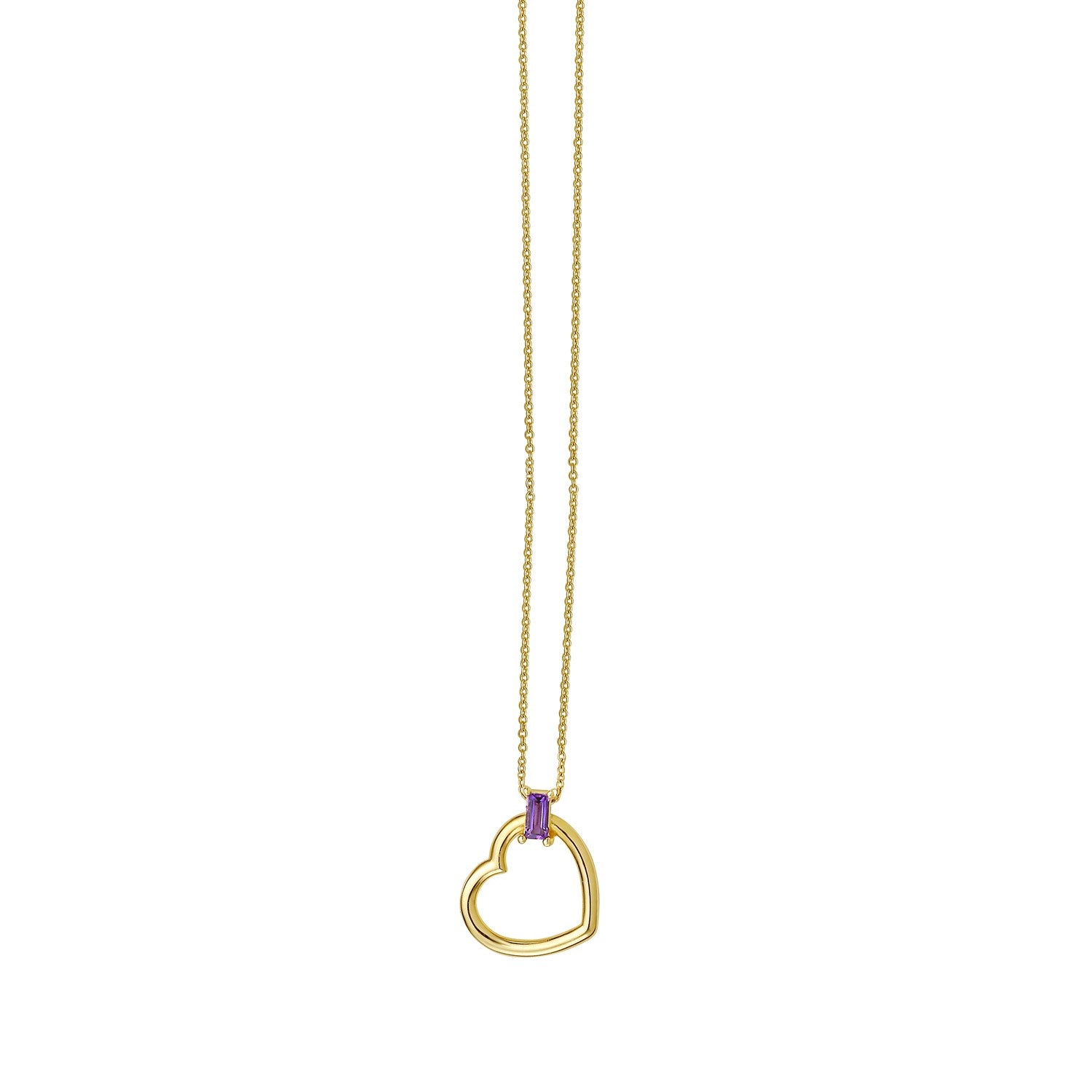 Amethyst baguette heart necklace in 14K yellow gold.