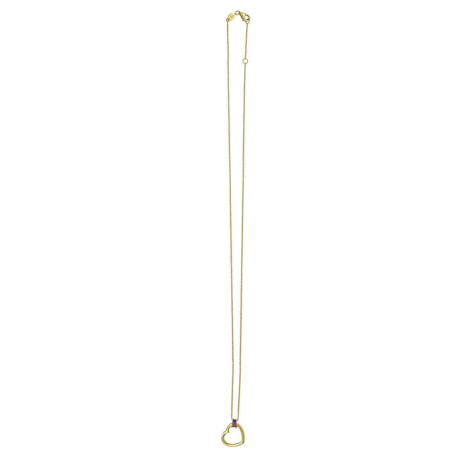 14K yellow gold necklace with a heart pendant and an amethyst baguette.