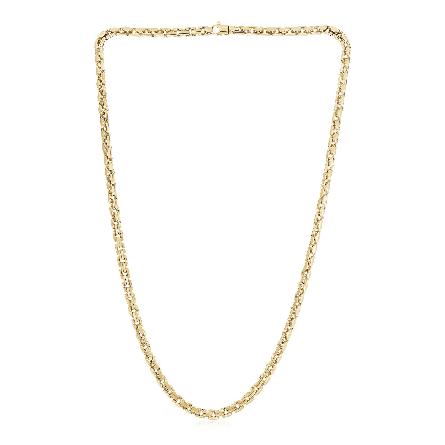 A 14k yellow gold high polish men's fancy box necklace with a lobster clasp.