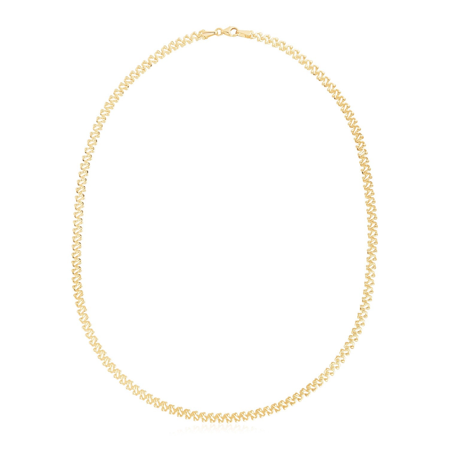 14k yellow gold textured fancy chain necklace with a high polish finish.