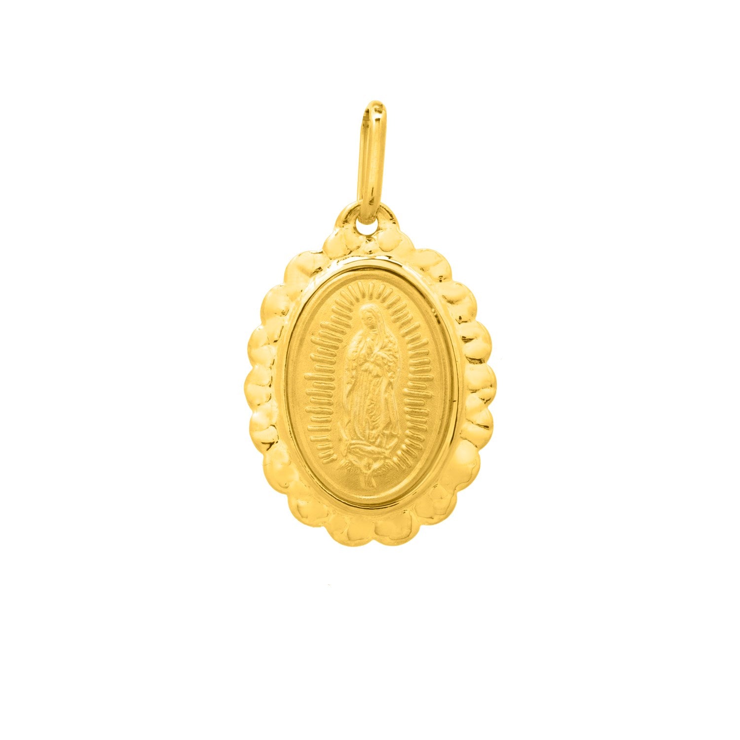 Religious pendant with Our Lady of Guadalupe in 14K yellow gold.
