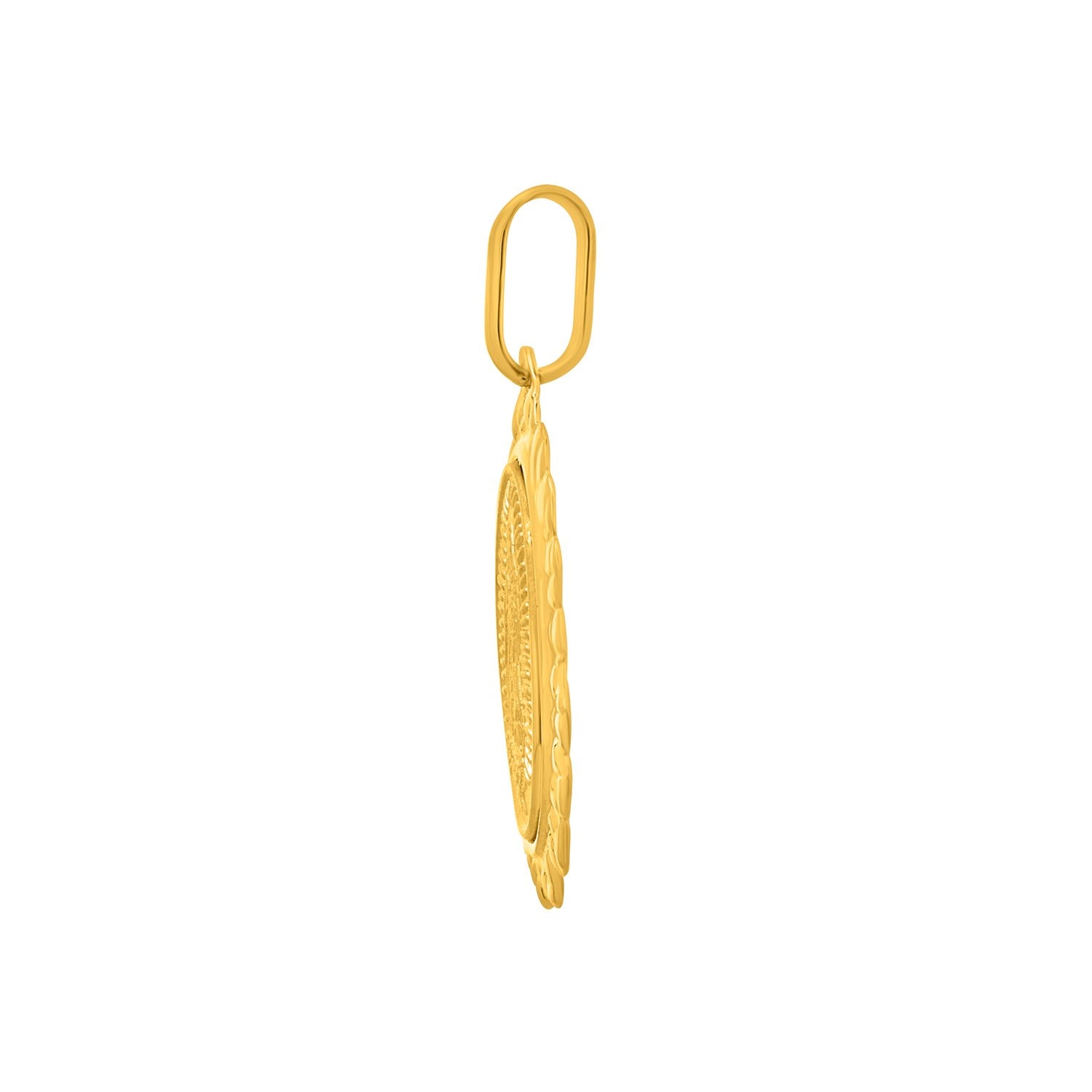 14K yellow gold religious pendant with Our Lady of Guadalupe, shown from the side.