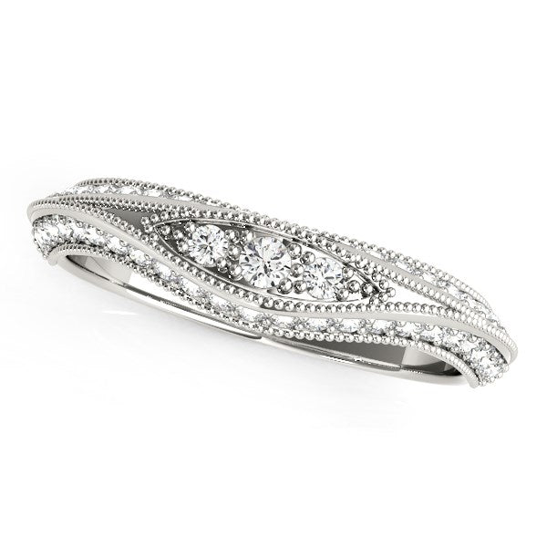 14k white gold curved antique style diamond wedding ring with bead border detailing.