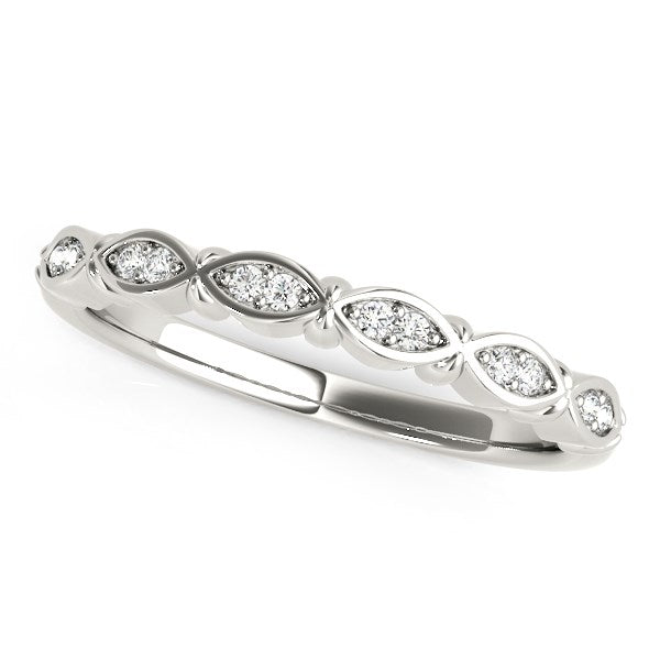 14k white gold diamond wedding band with an infinity design.