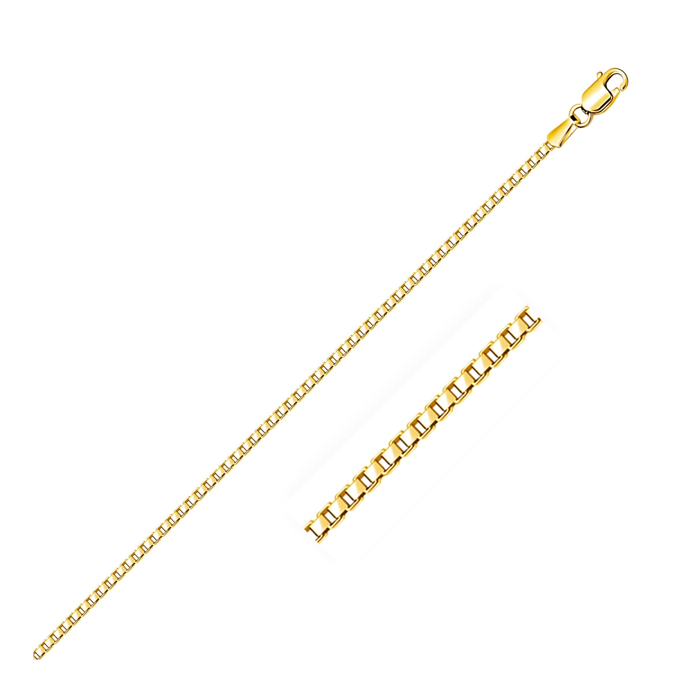 A 14K yellow gold classic box chain with a lobster clasp.