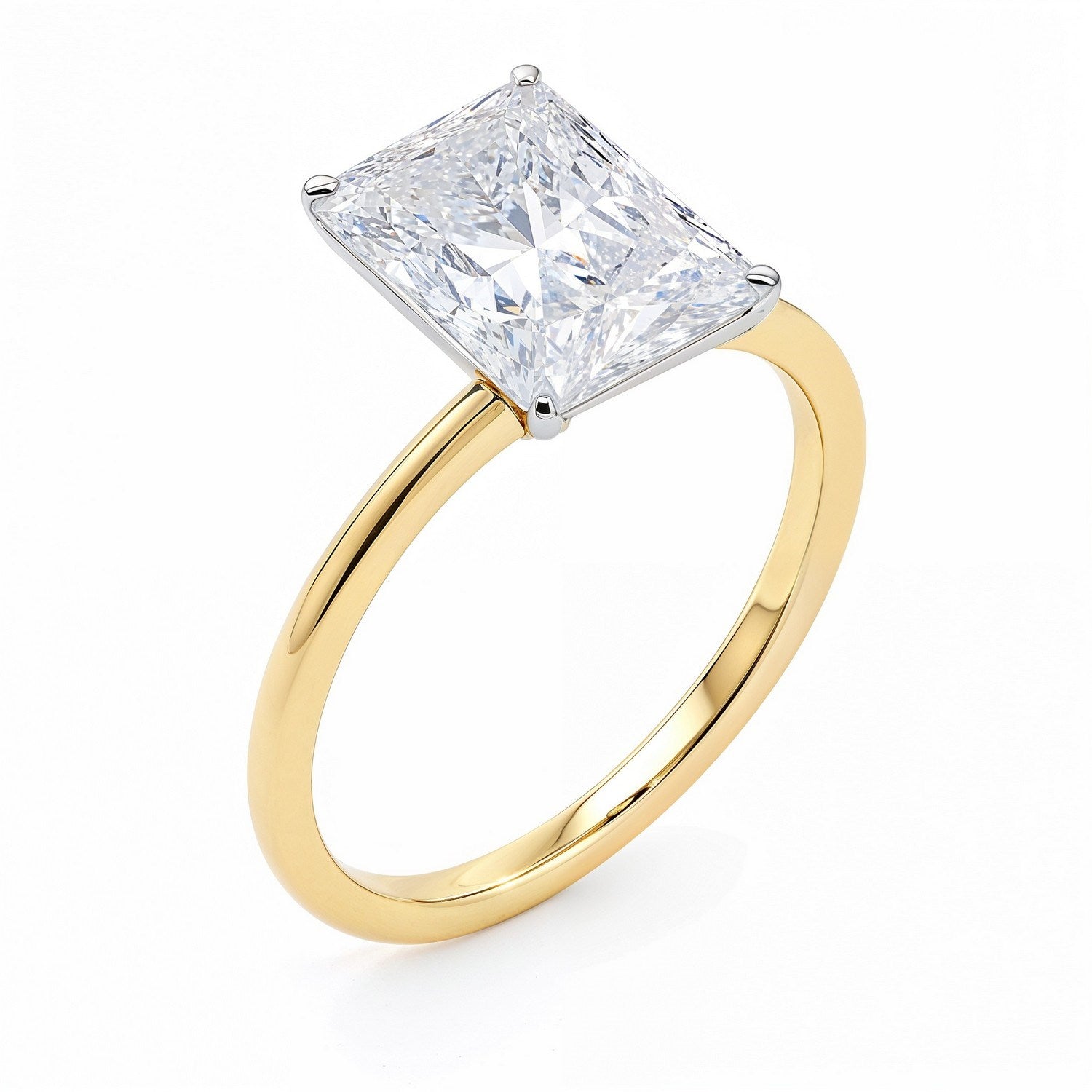 A 5 carat radiant lab grown diamond solitaire ring in 10K yellow gold.