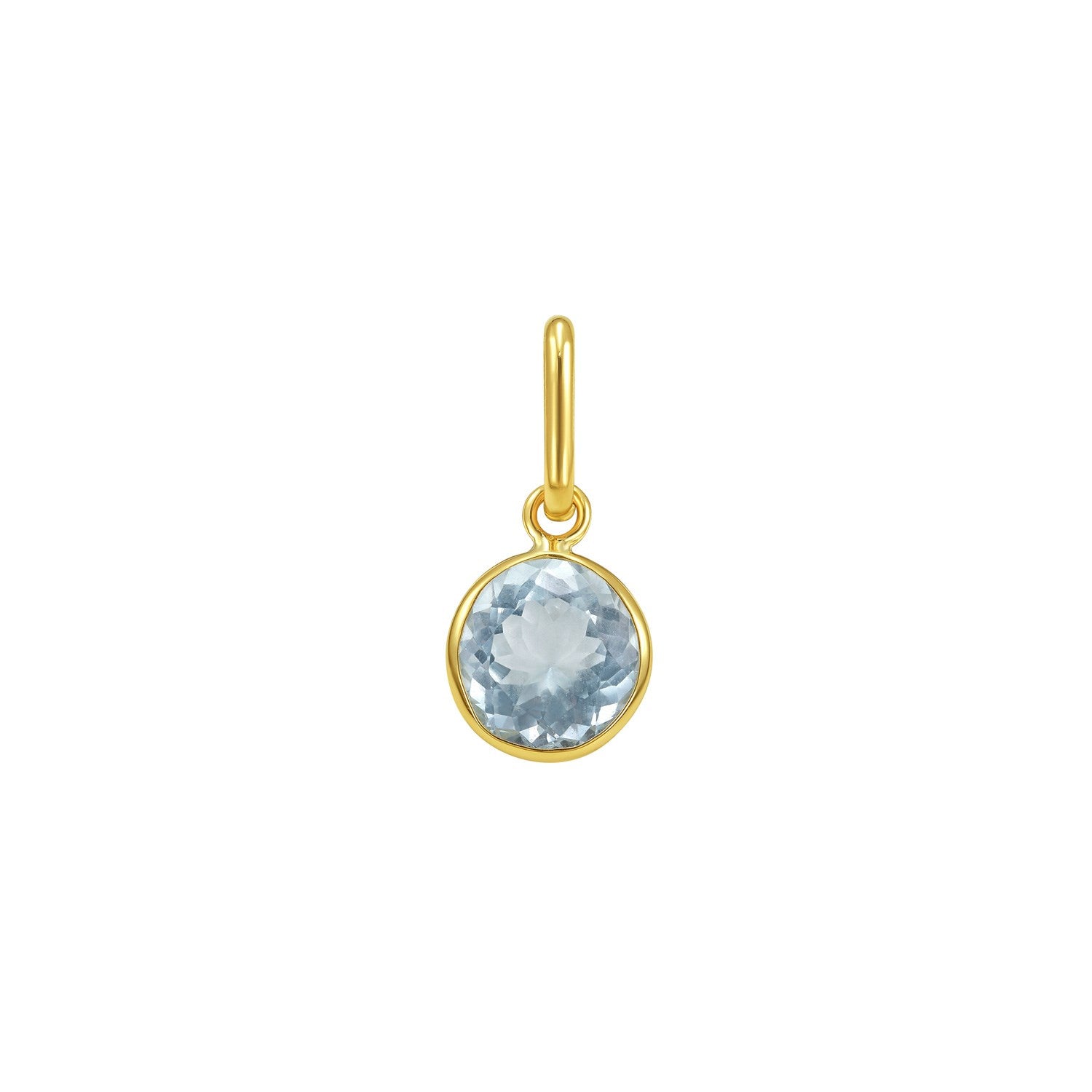A round aqua charm in a polished 14K yellow gold bezel setting.