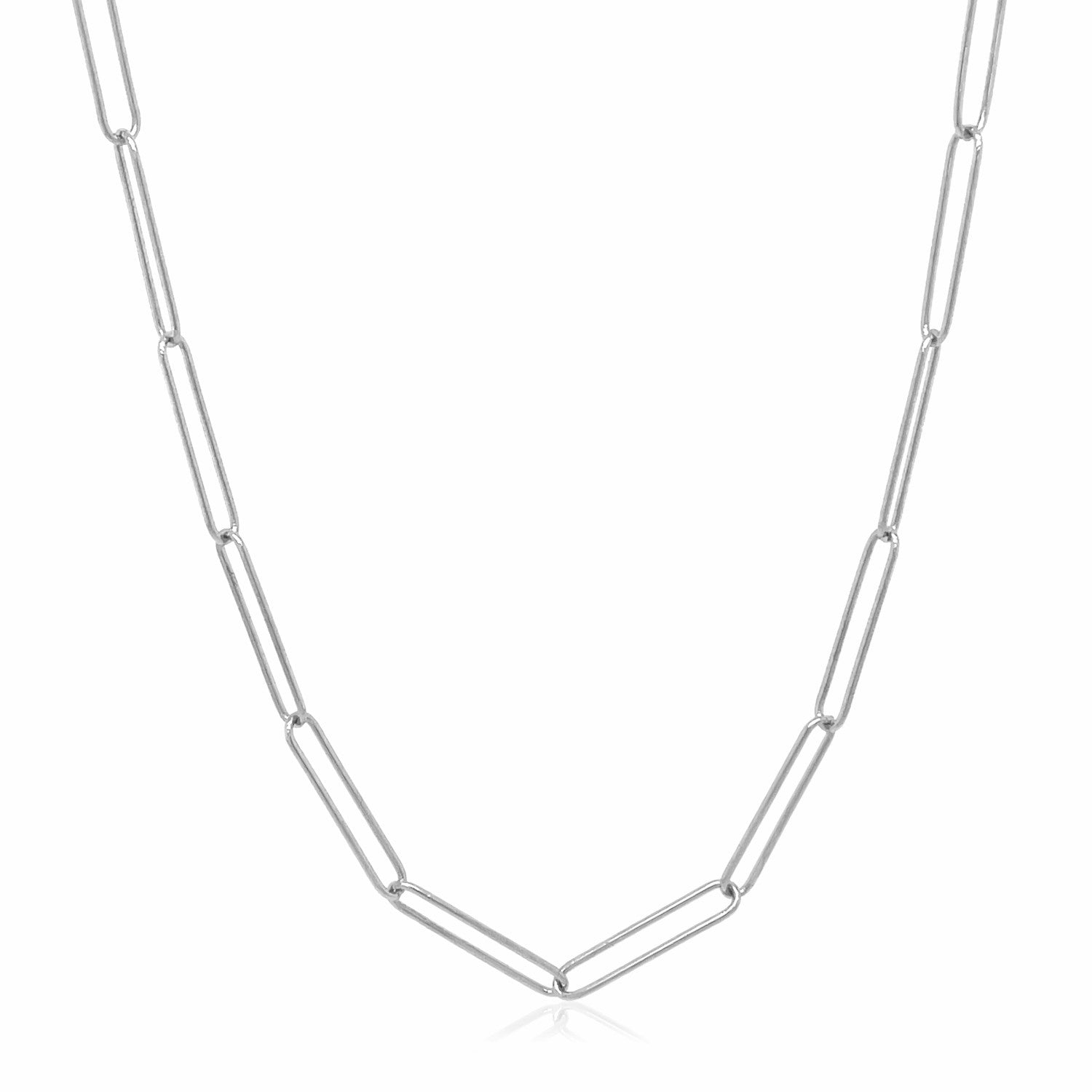 A 14k white gold paperclip chain with 2.7 mm wide links.