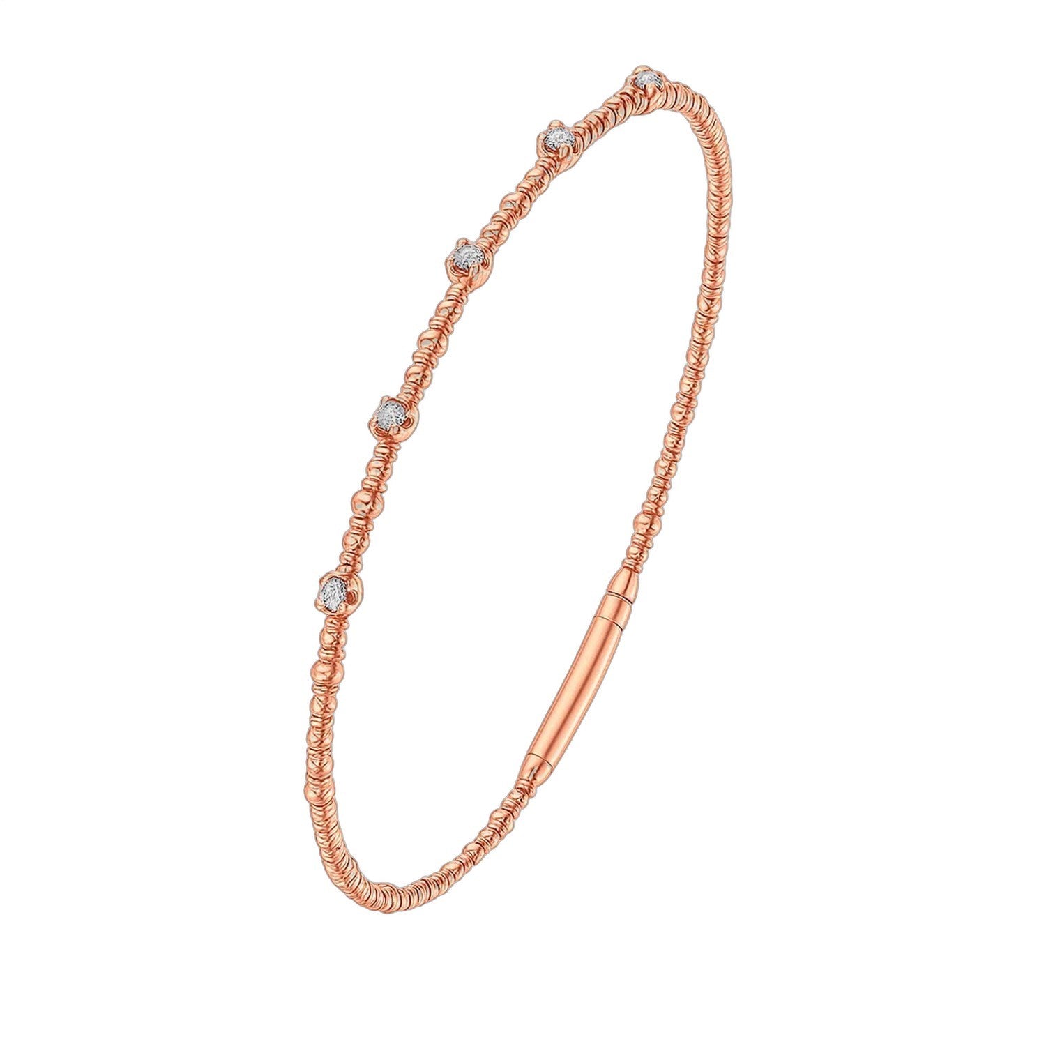 A rose gold beaded bracelet with five small diamonds and a snap lock clasp.