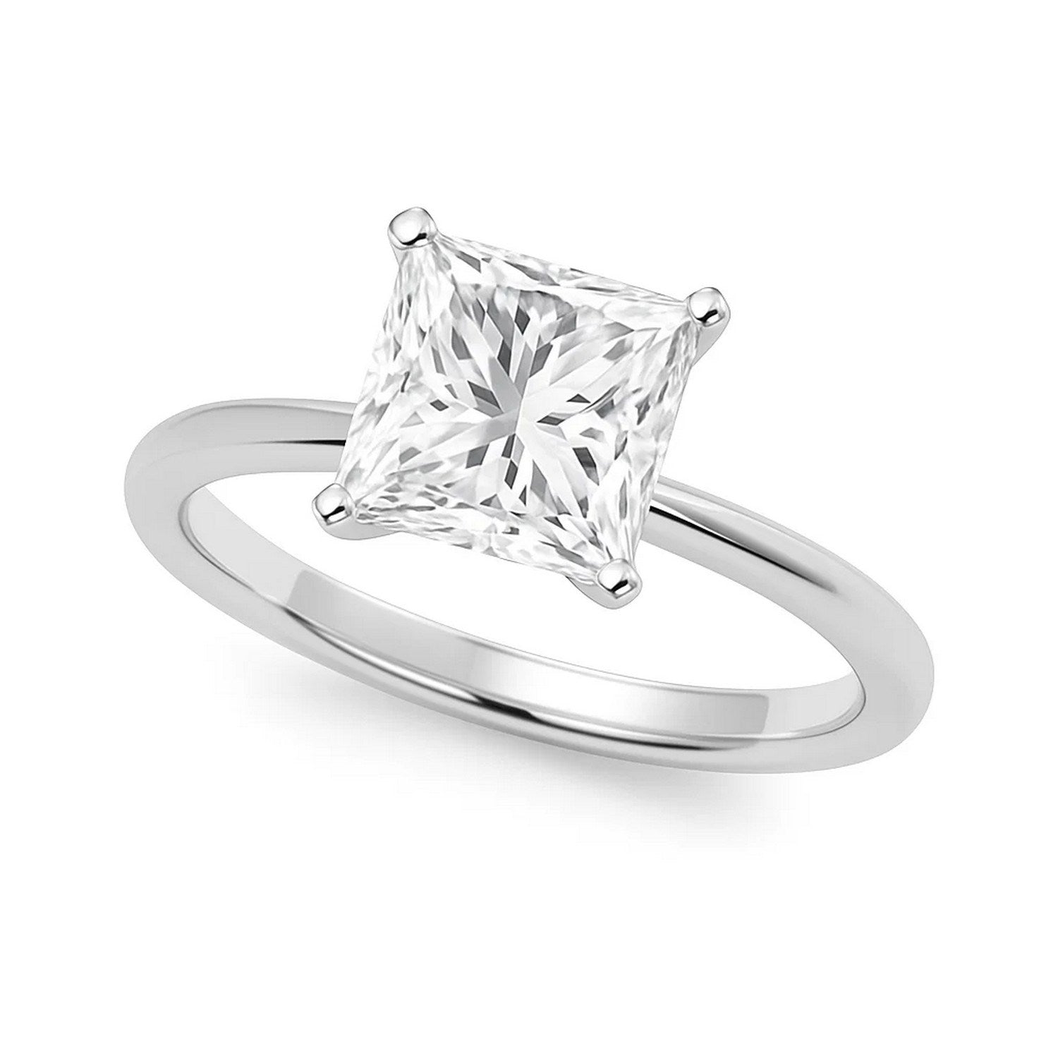 A 10K white gold solitaire ring with a princess-cut lab-grown diamond.