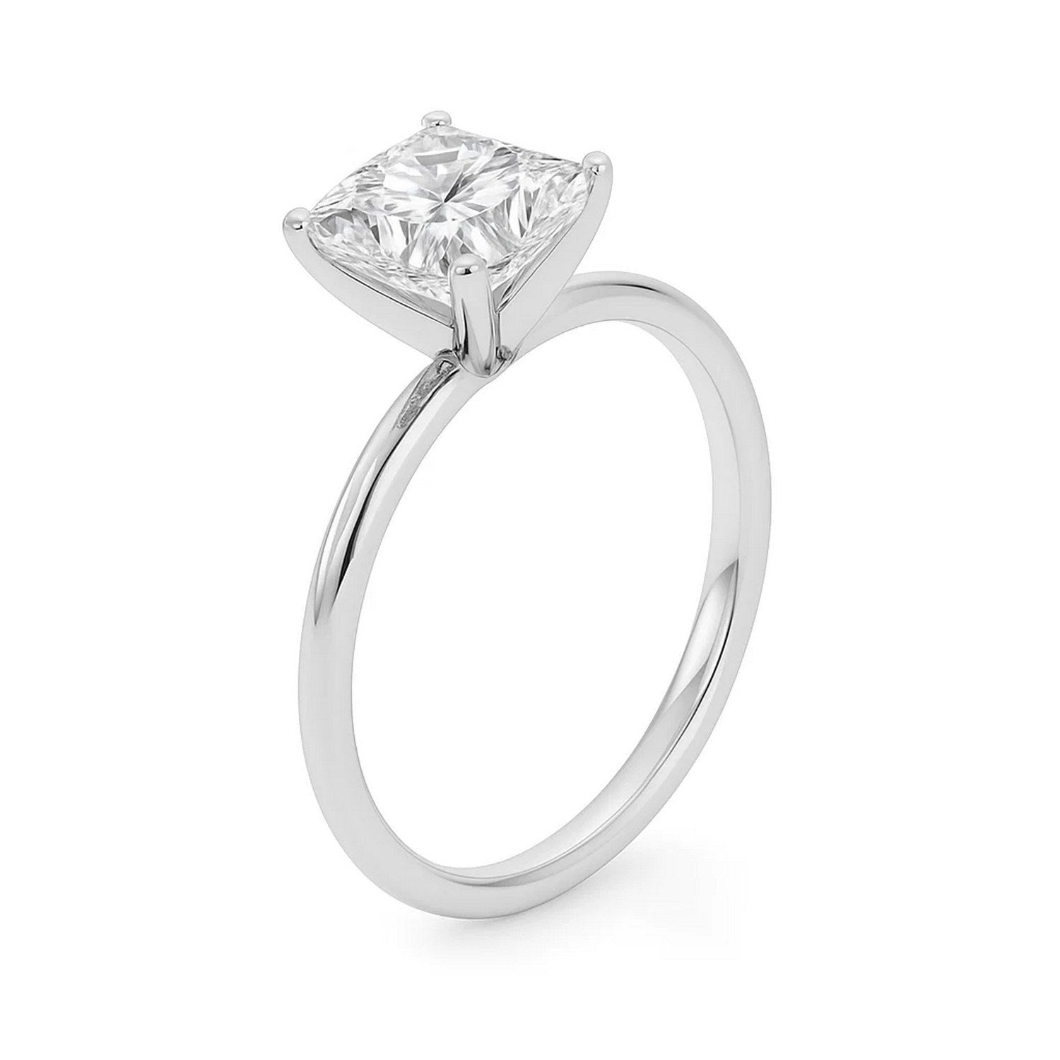A white gold solitaire ring with a princess-cut lab-grown diamond in a four-prong setting.