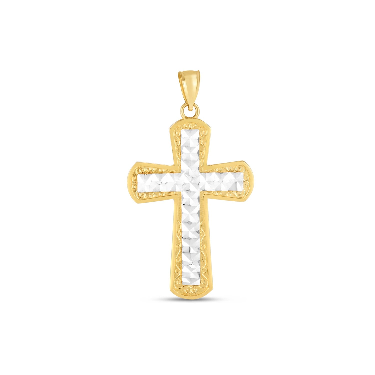 14k two-tone gold high polish diamond cut cross pendant.