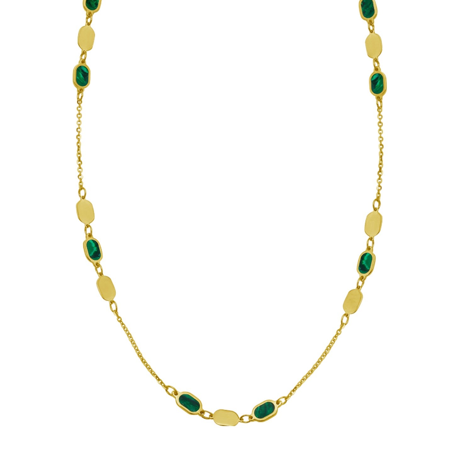 14K yellow gold necklace with alternating hexagon malachite inlay and gold links.