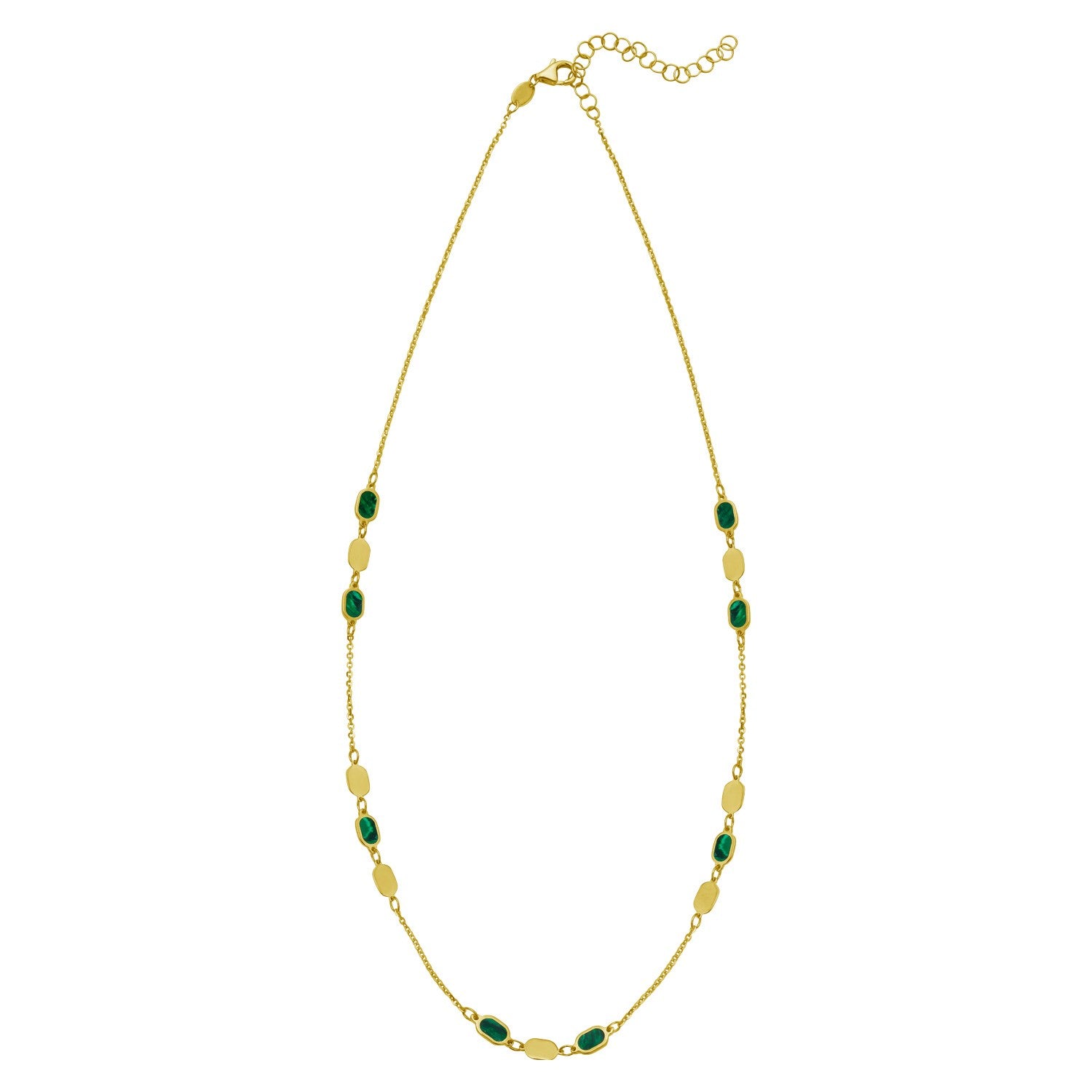 14K yellow gold necklace with alternating hexagon malachite and gold links.