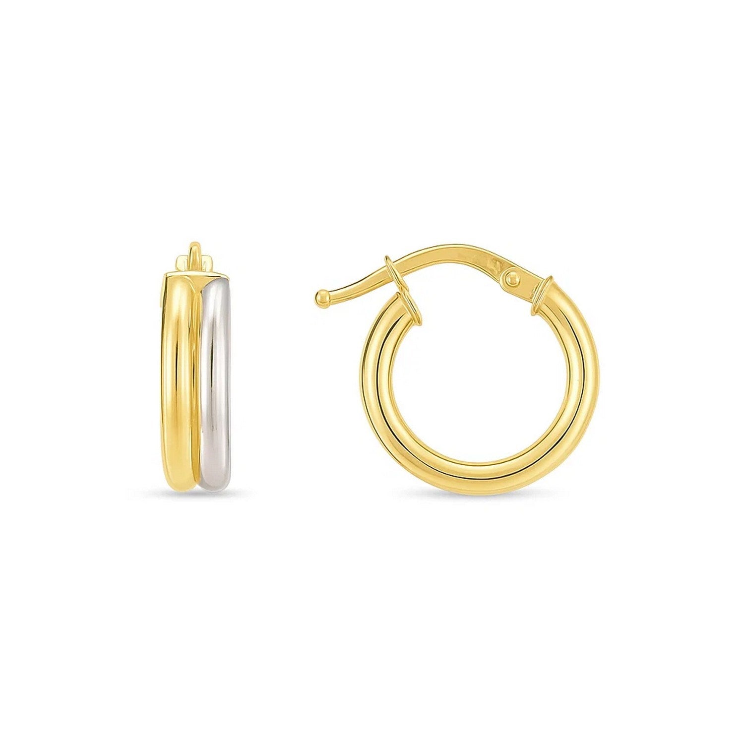 14k two-tone gold double round hoop earrings with a hinged snap back.
