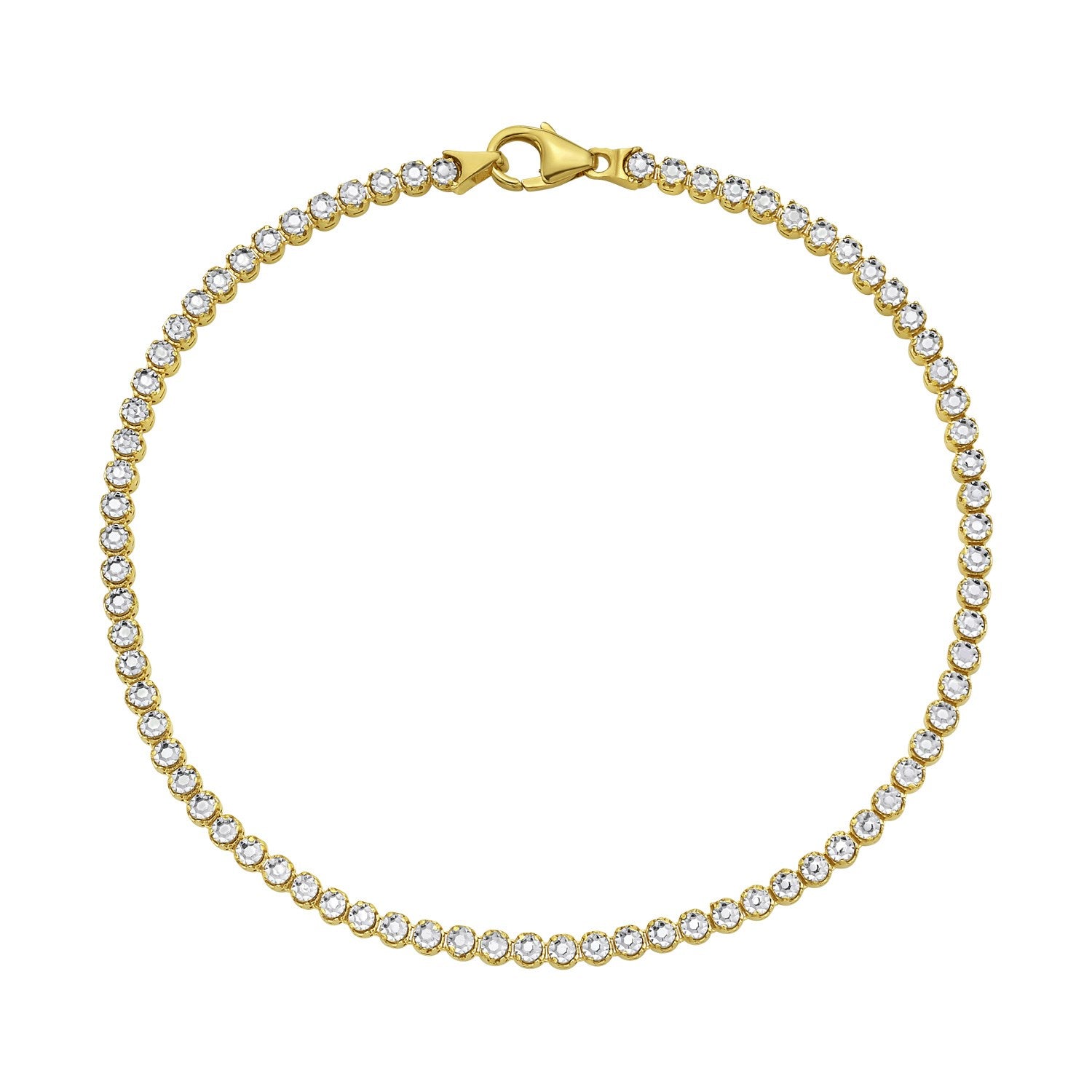 14K two-tone gold tennis bracelet with round, clear stones and a lobster clasp.