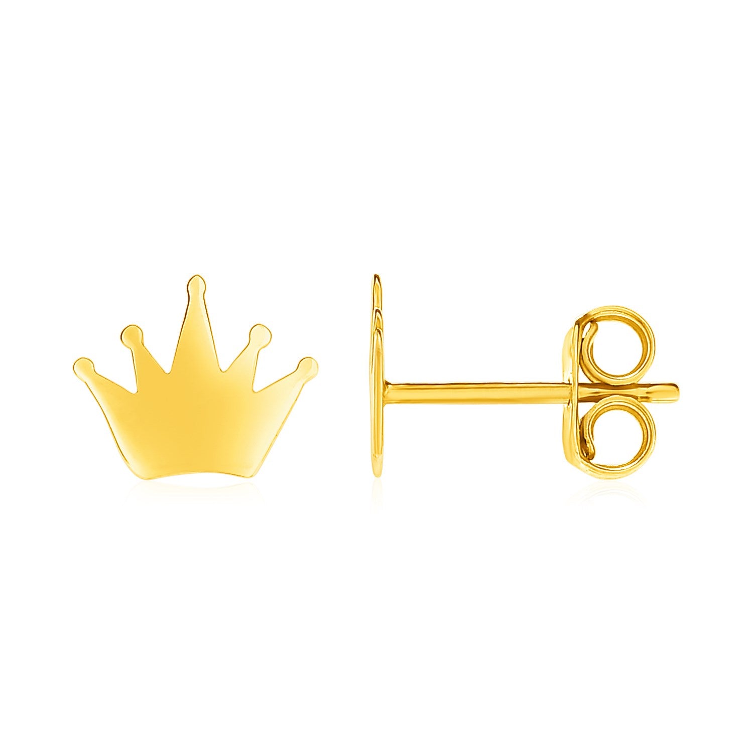 14k yellow gold post earrings featuring shiny crown designs with pushback clasps.