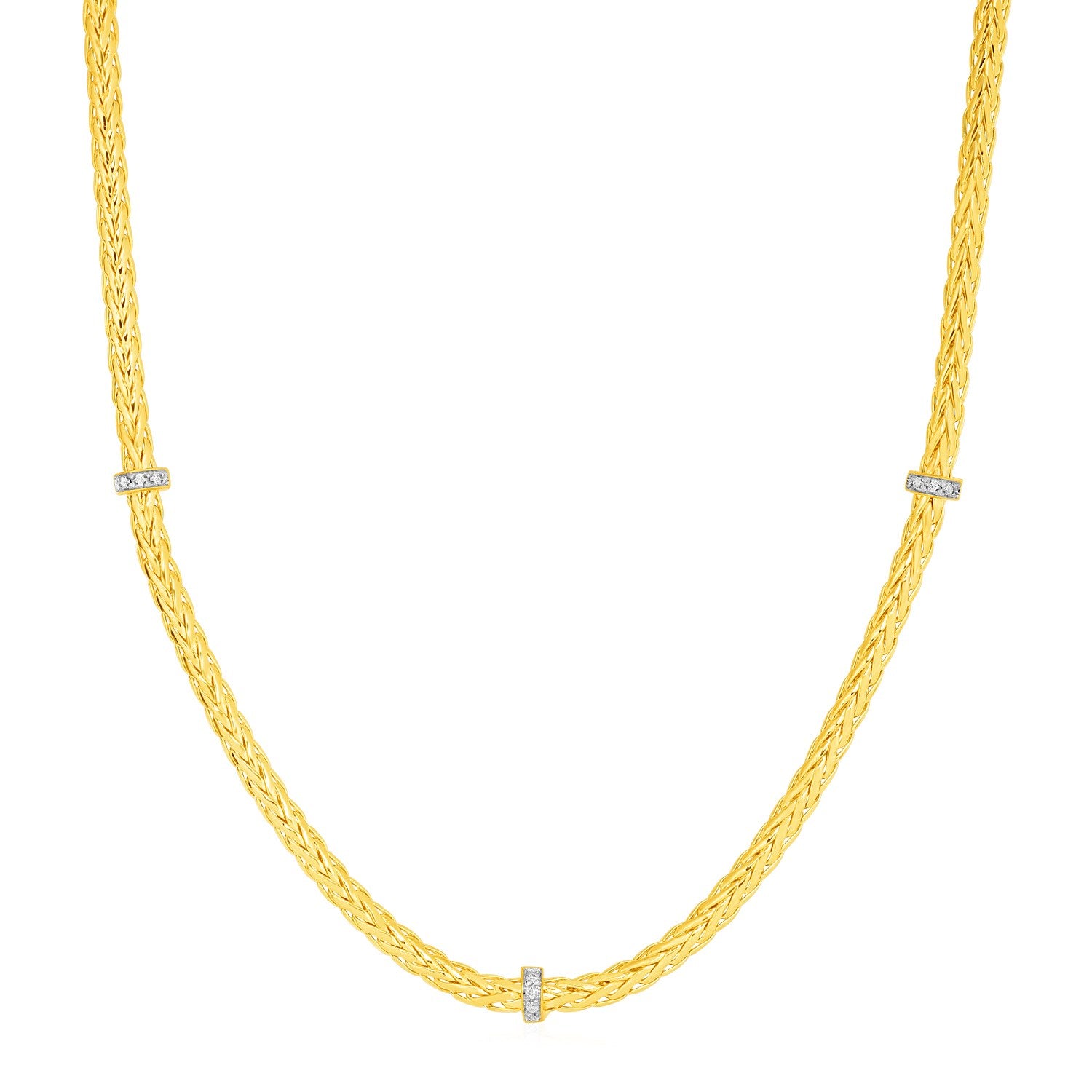 A woven 14k yellow gold rope necklace with three diamond-accented bands.
