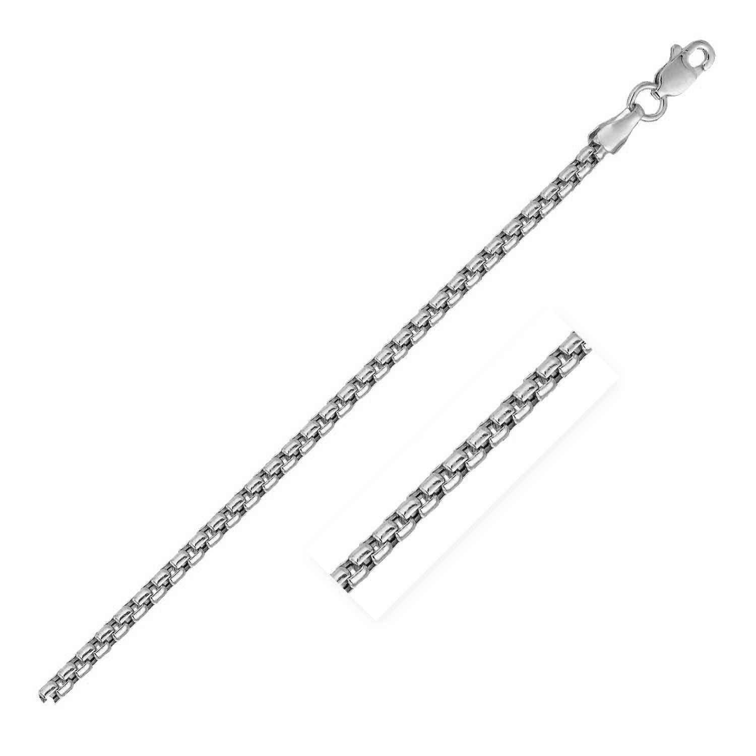 14k white gold solid round box chain with a lobster clasp.