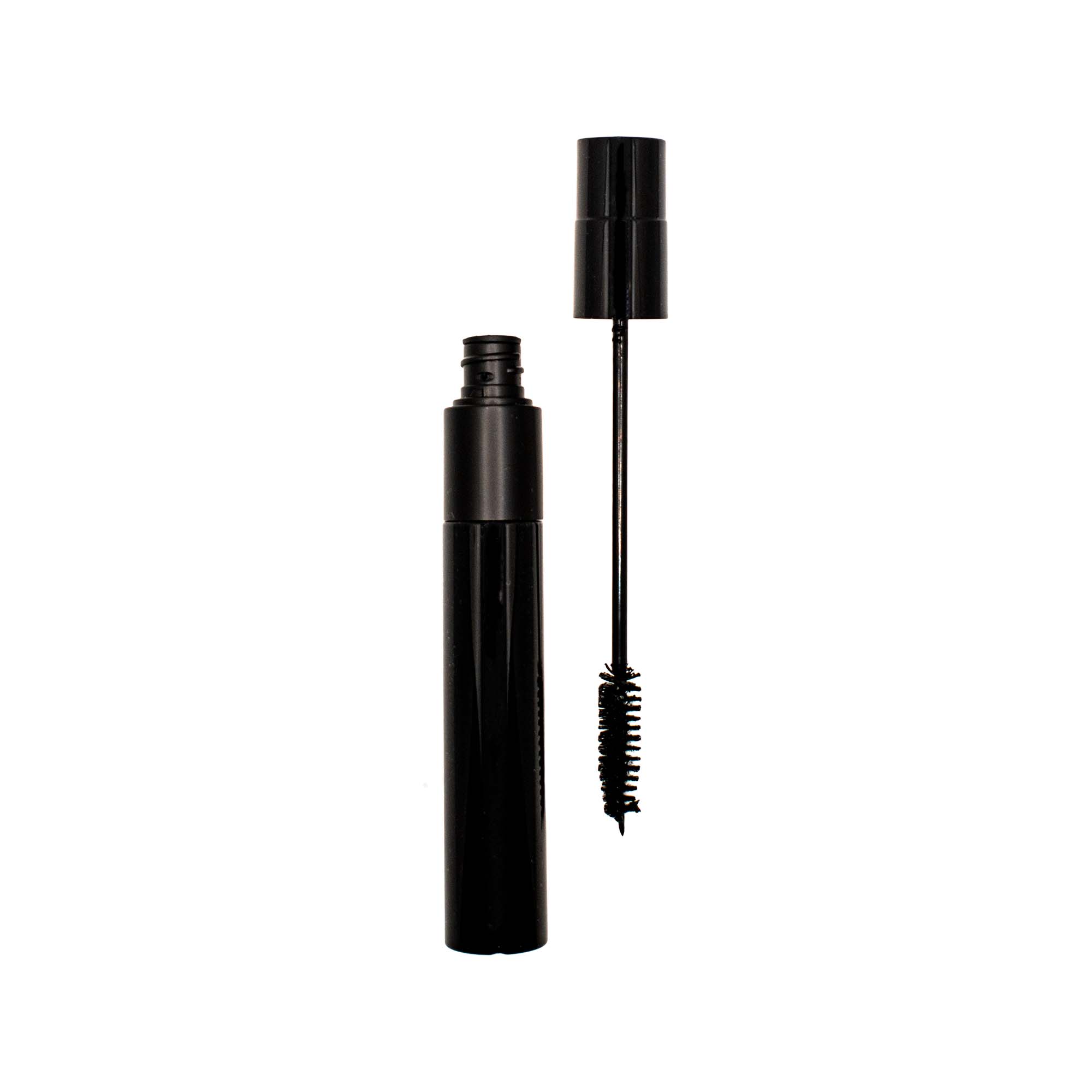 Black mascara tube with the wand and brush extended.