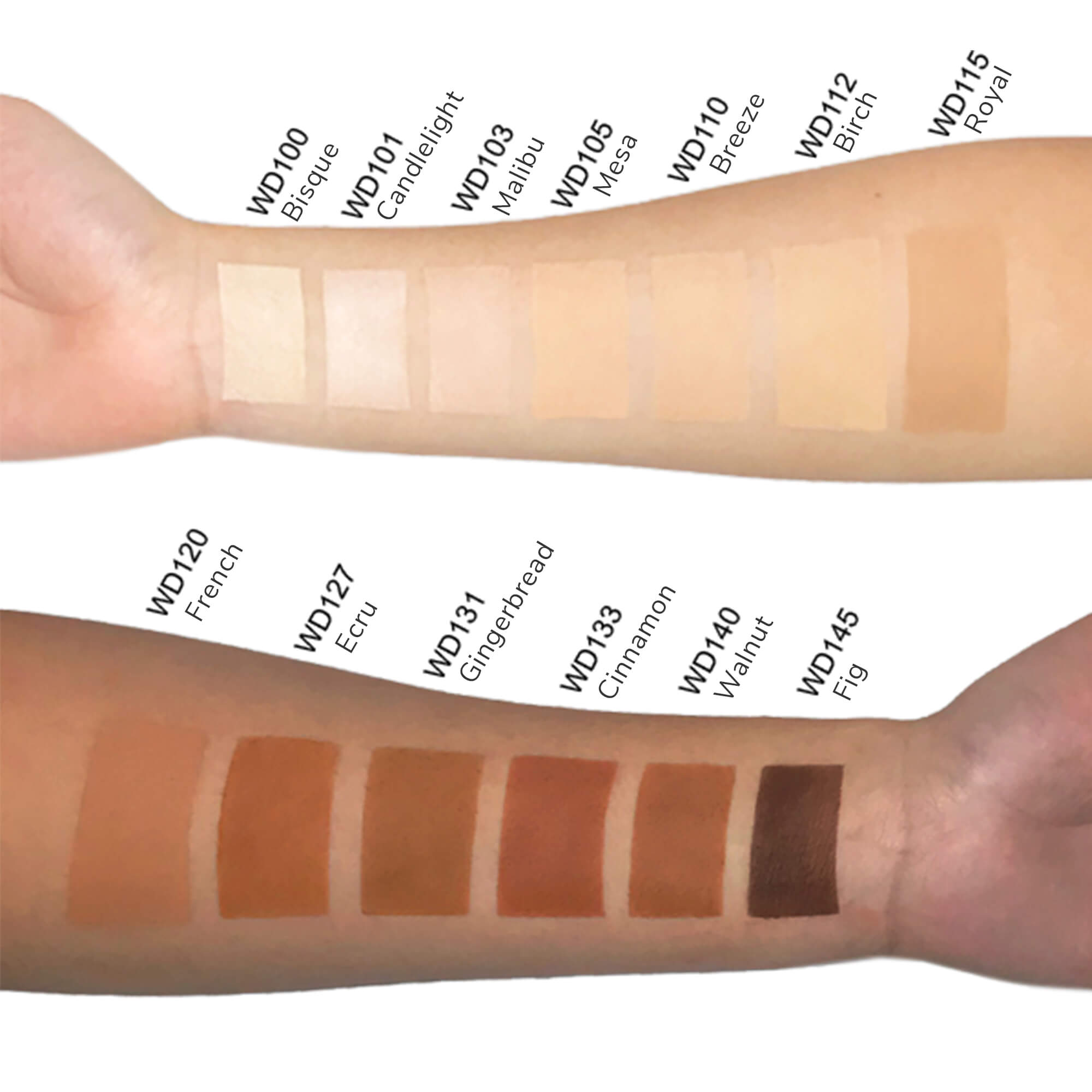 Arm swatches display 14 foundation shades ranging from light bisque to dark fig.