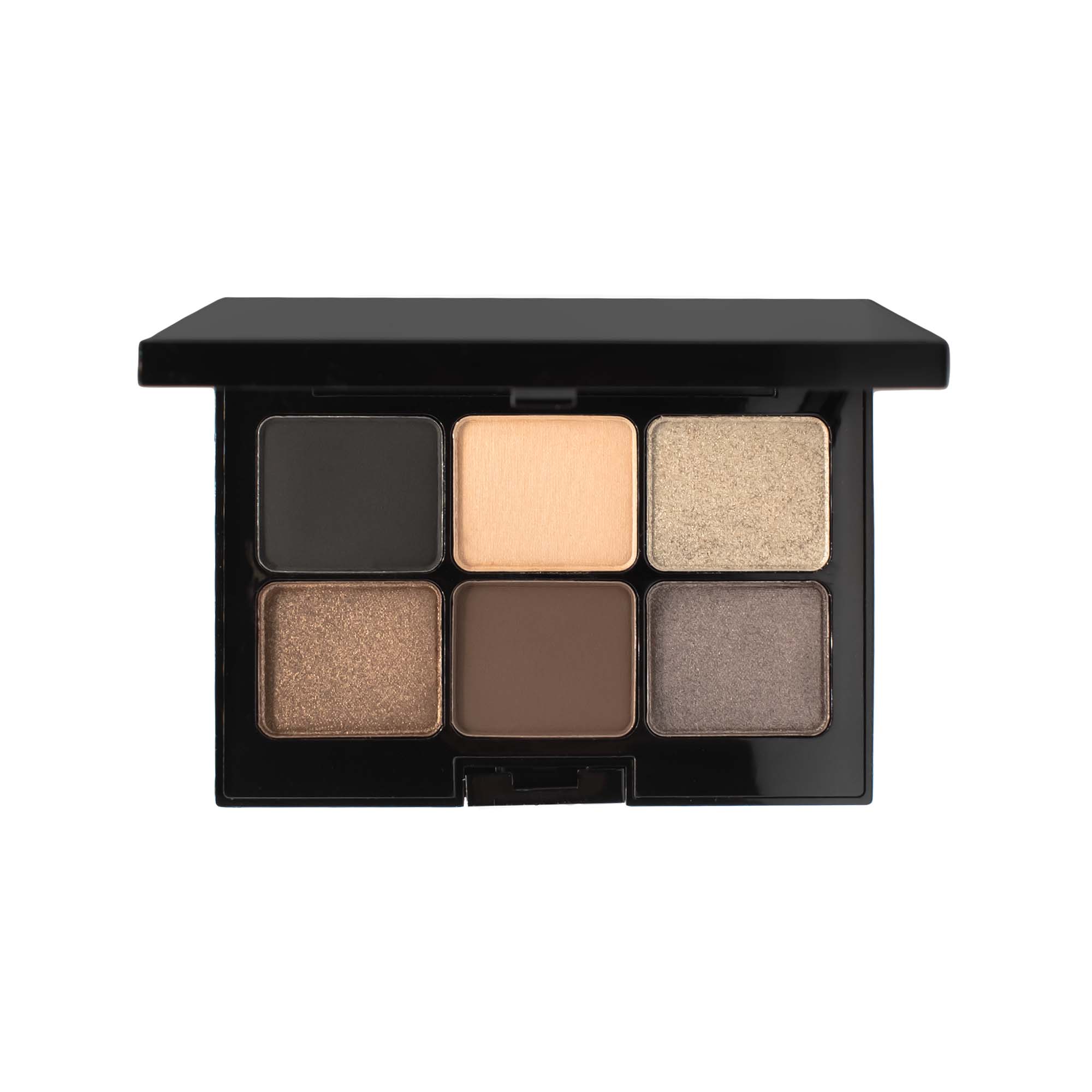 An open black eyeshadow palette displays six shades: black, beige, gold, bronze, brown, and gray.