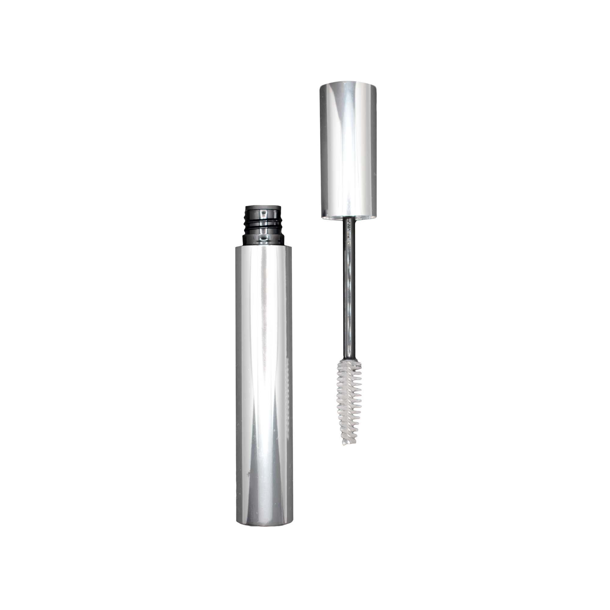 Clear eyebrow gel with a silver tube and cap, and a white brush applicator.