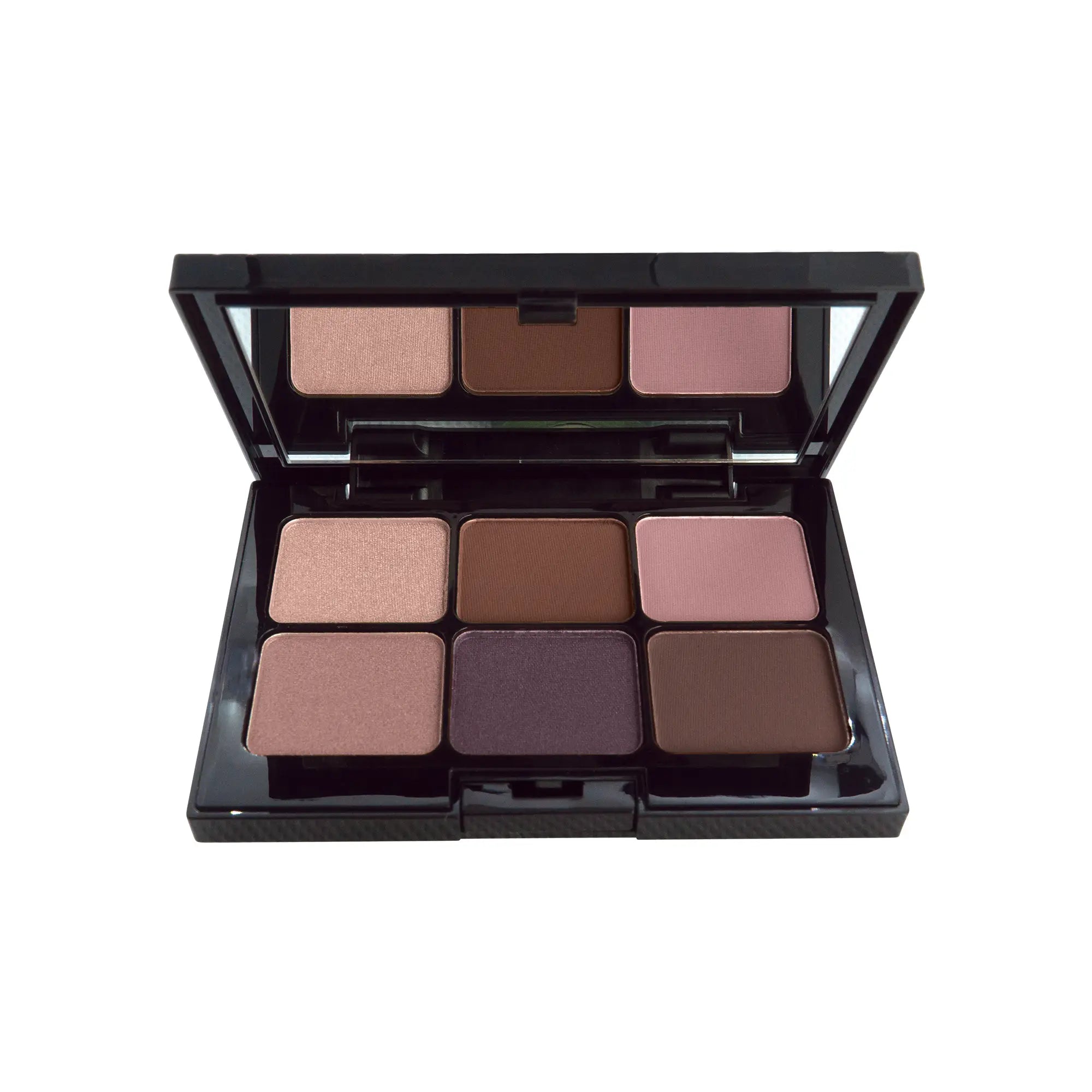 An open eyeshadow palette displays six shades of brown, pink, and purple.