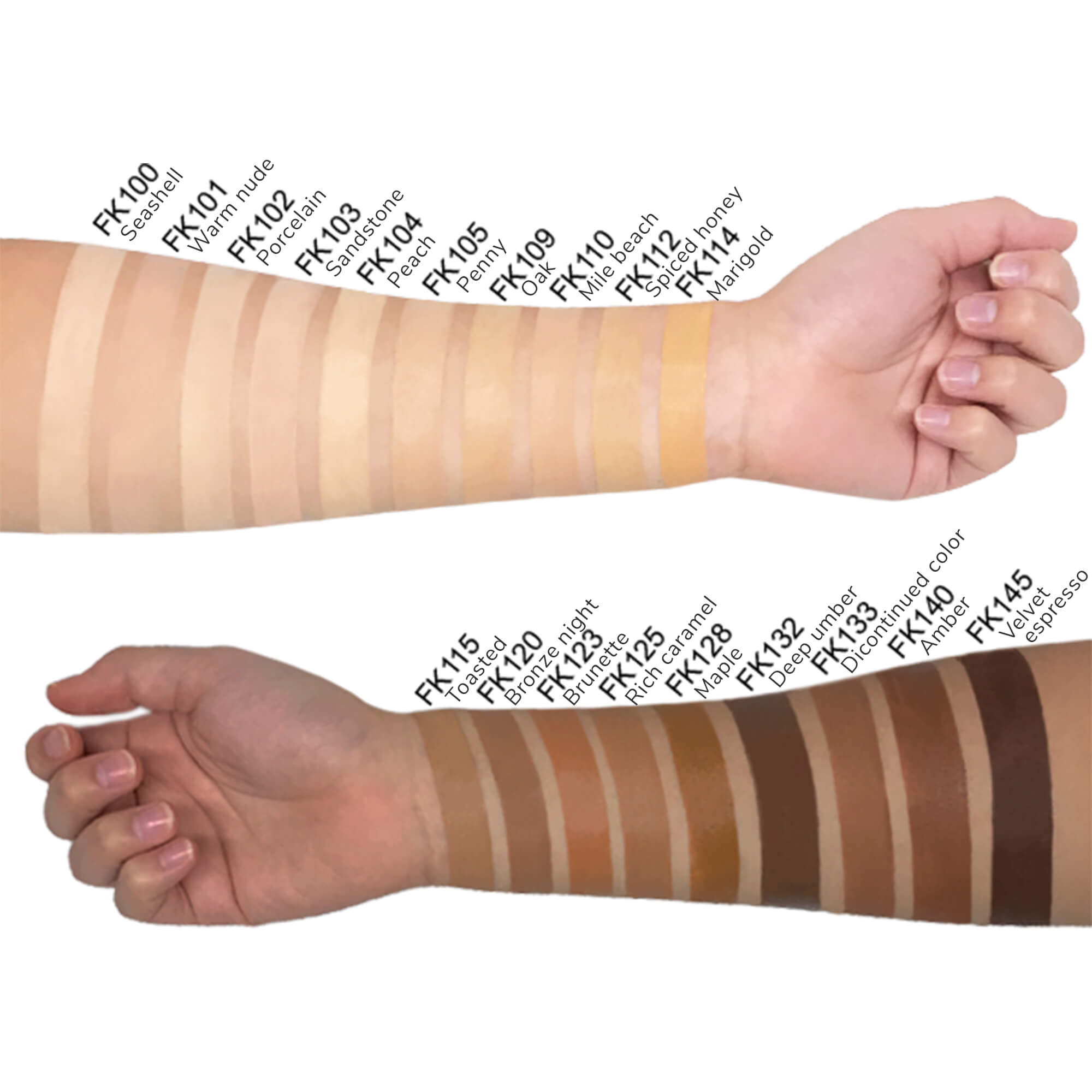 Two arms display 24 foundation swatches, ranging from light to dark.