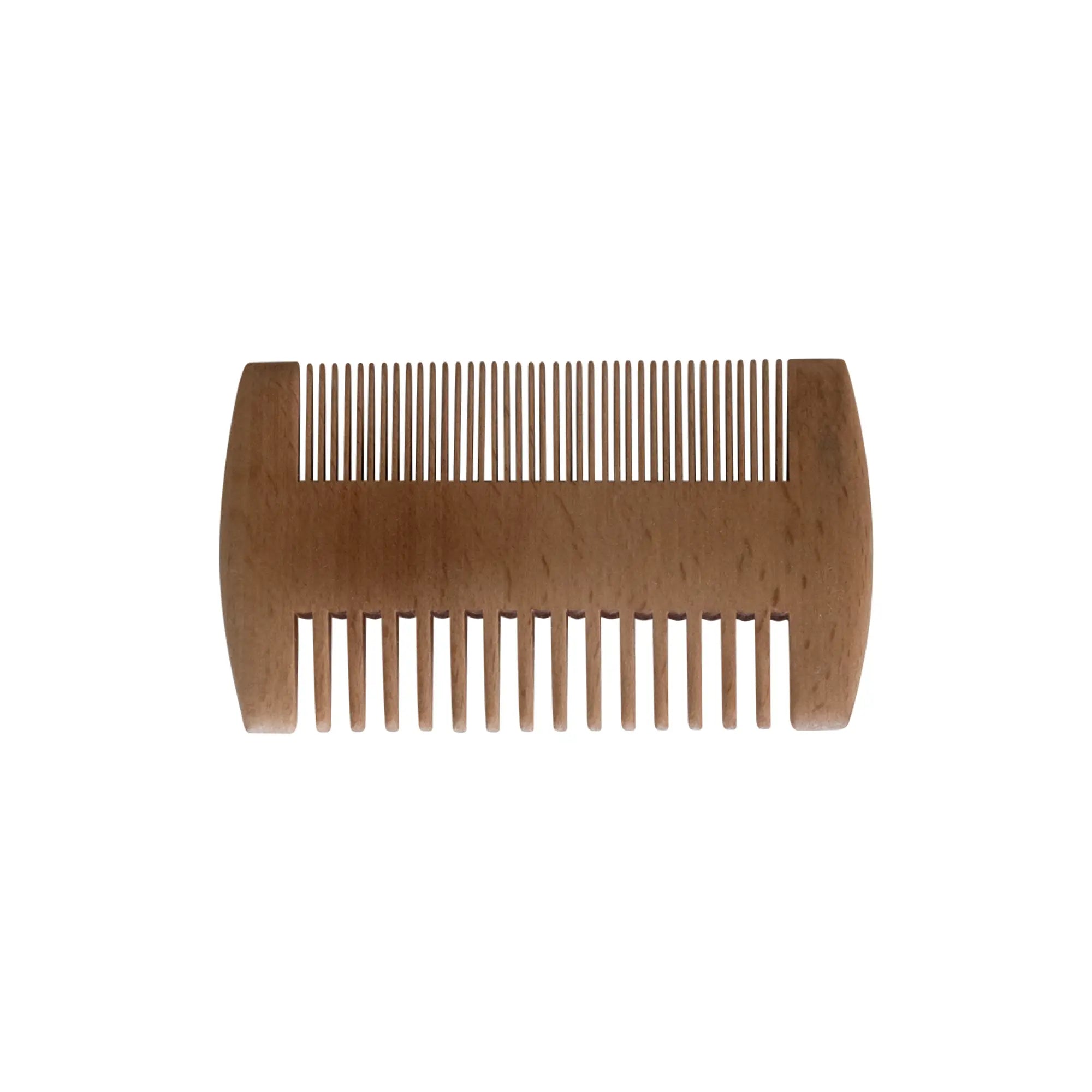 A wooden double-sided comb with fine and wide teeth.