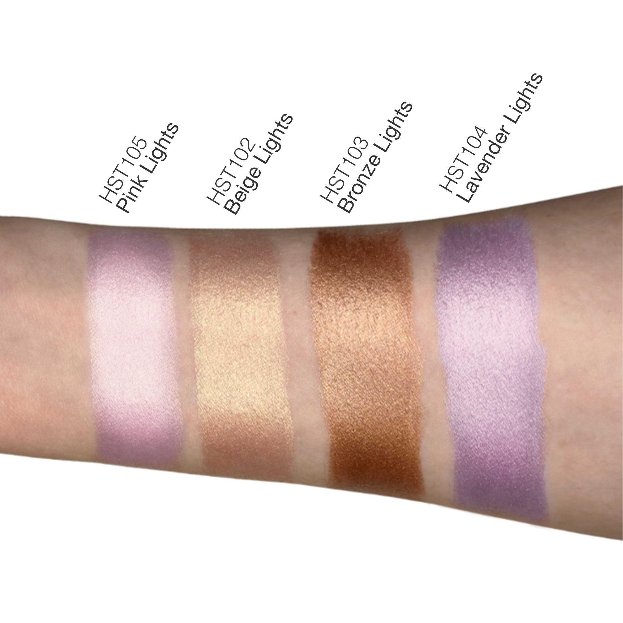 Five swatches of highlighter sticks are shown on an arm, labeled Pink, Beige, Bronze, and Lavender.