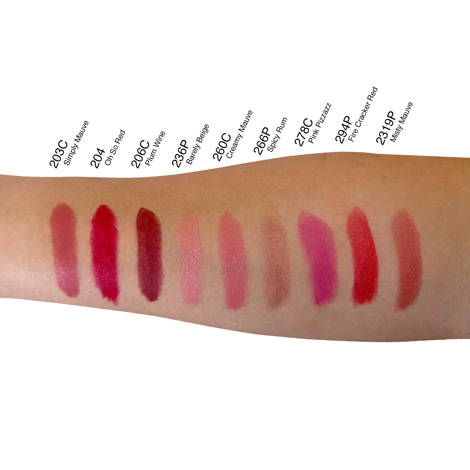 A person's arm displays 10 swatches of lipstick in various shades.