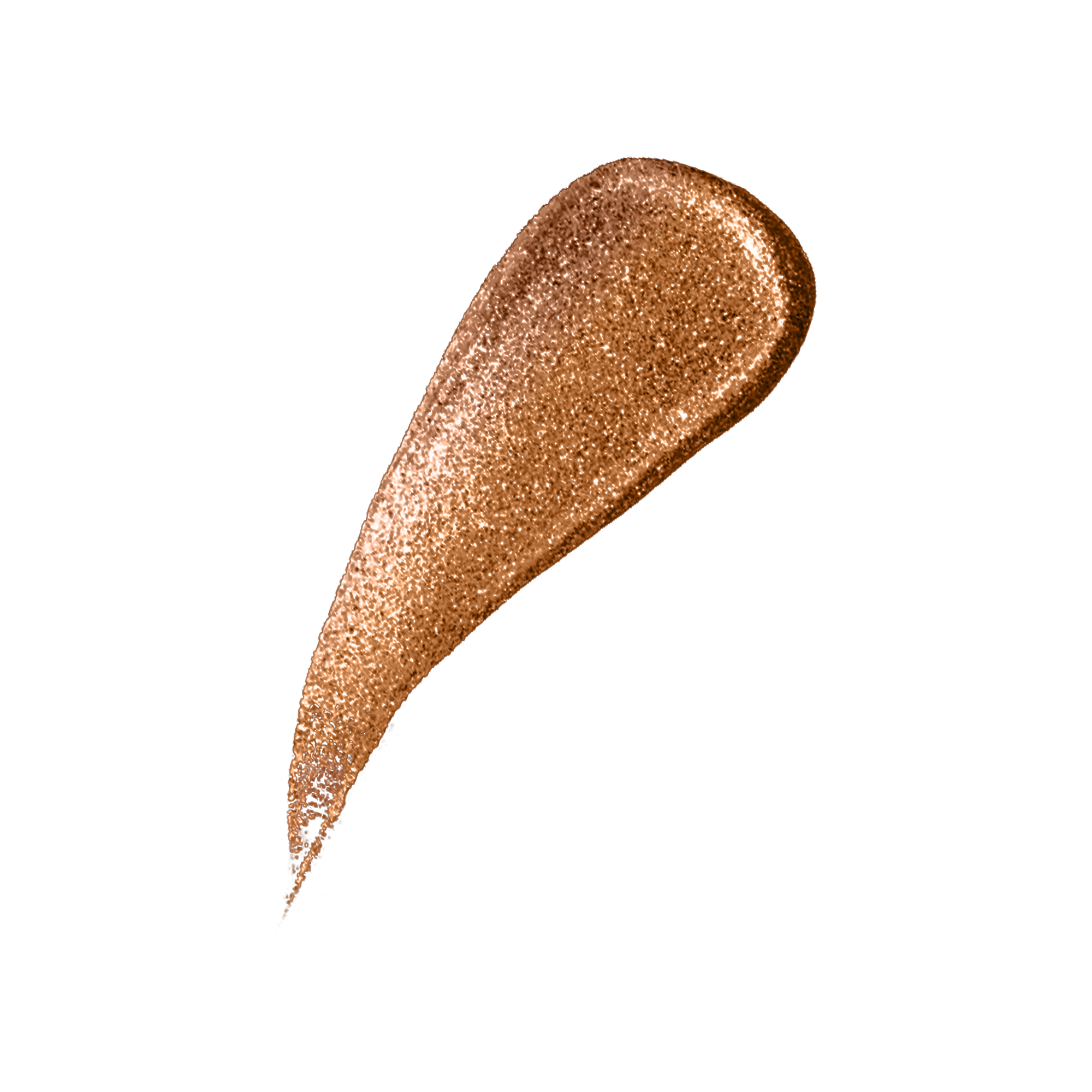 A curved swatch of shimmering bronze liquid makeup is shown against a dark background.