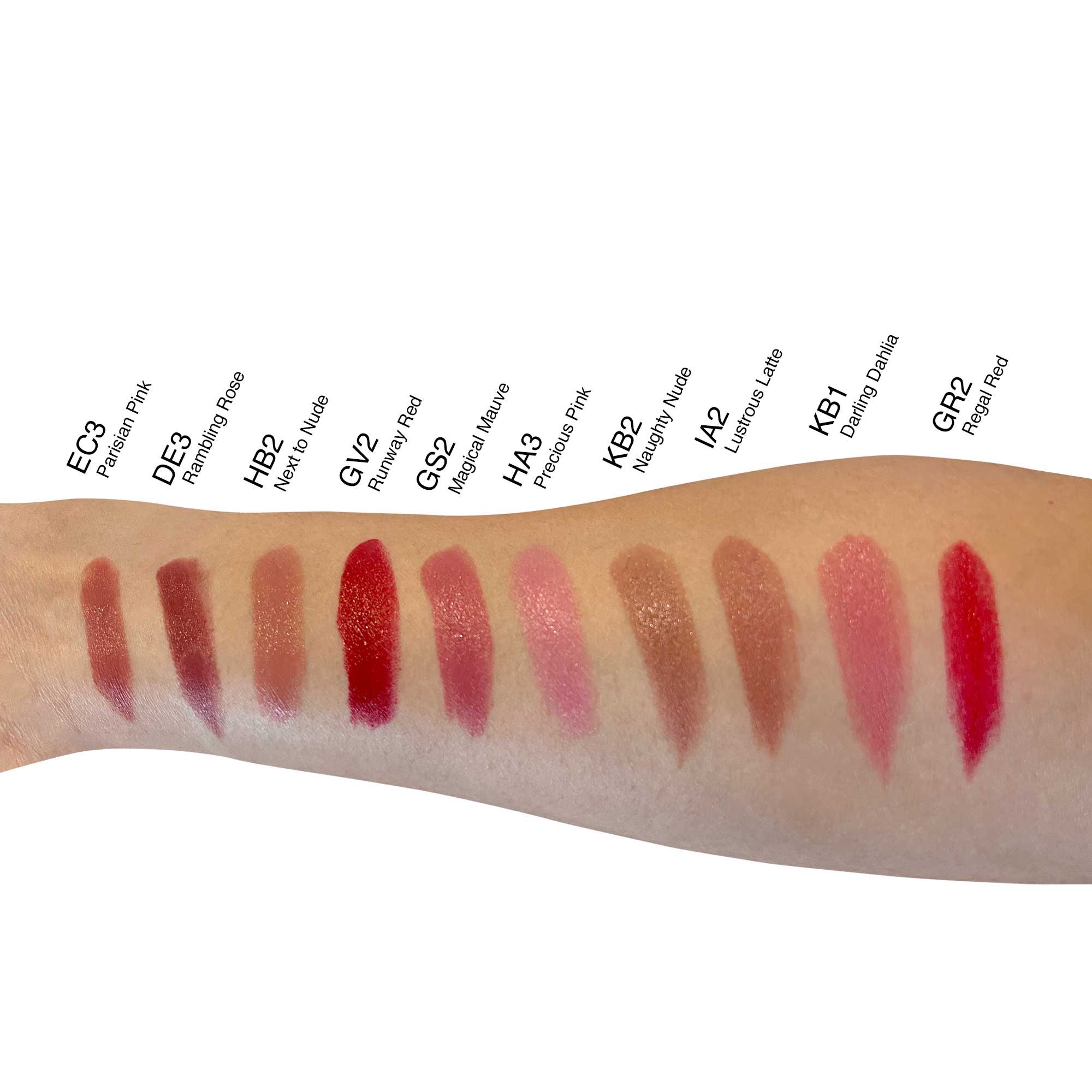 Arm swatches of 12 luxury cream lipsticks in various shades from pink to red.