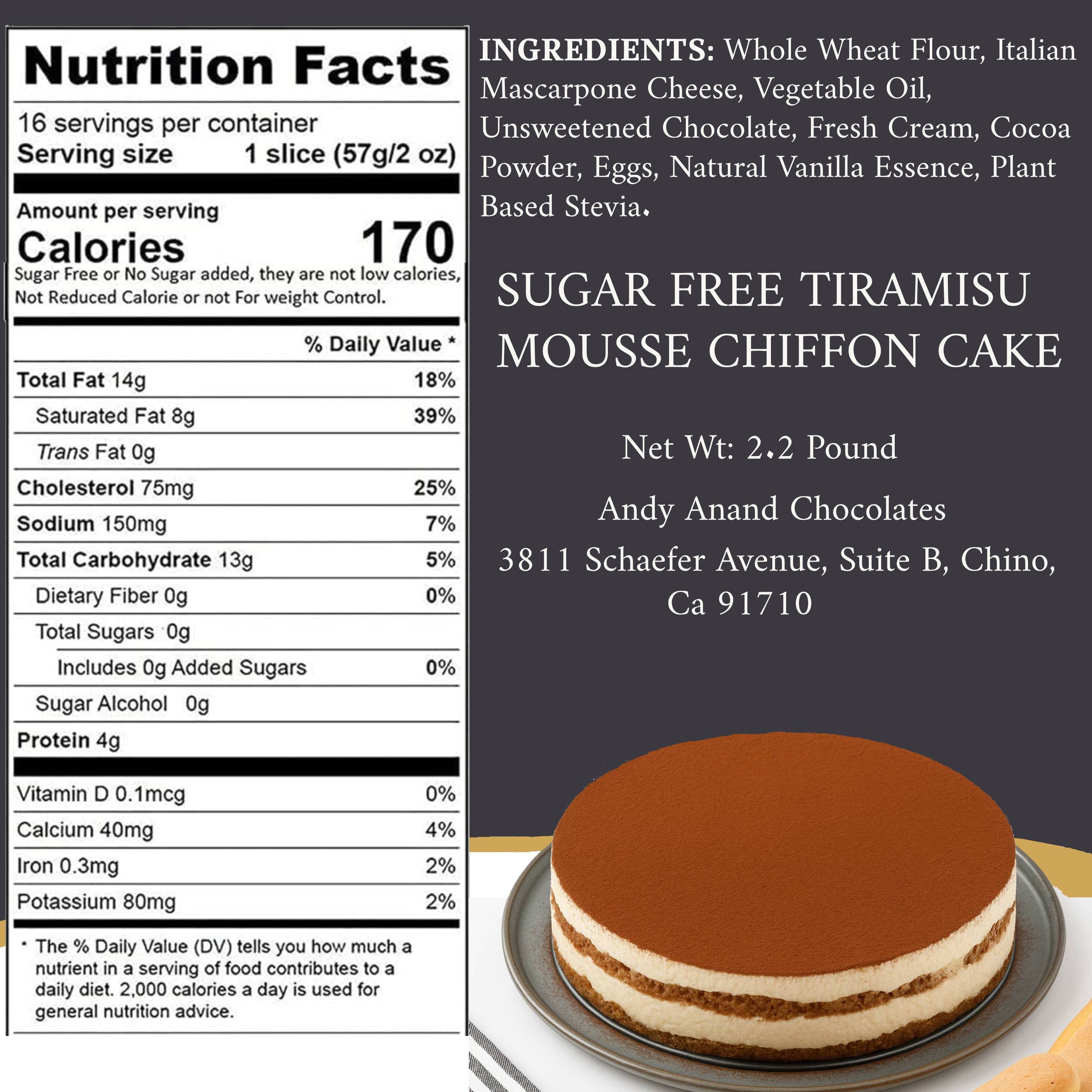 Andy Anand Sugar-Free Tiramisu Mousse Cake (2.2 lbs) | Sugar-Free & Keto Cake | Local SoCal Bakery
