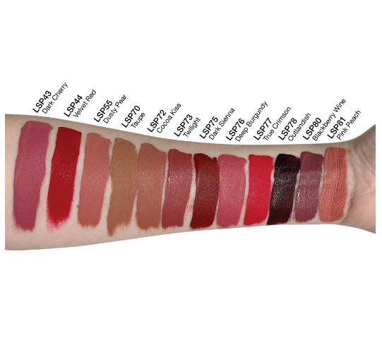 A person's arm displays 15 swatches of matte lip stain in various shades.