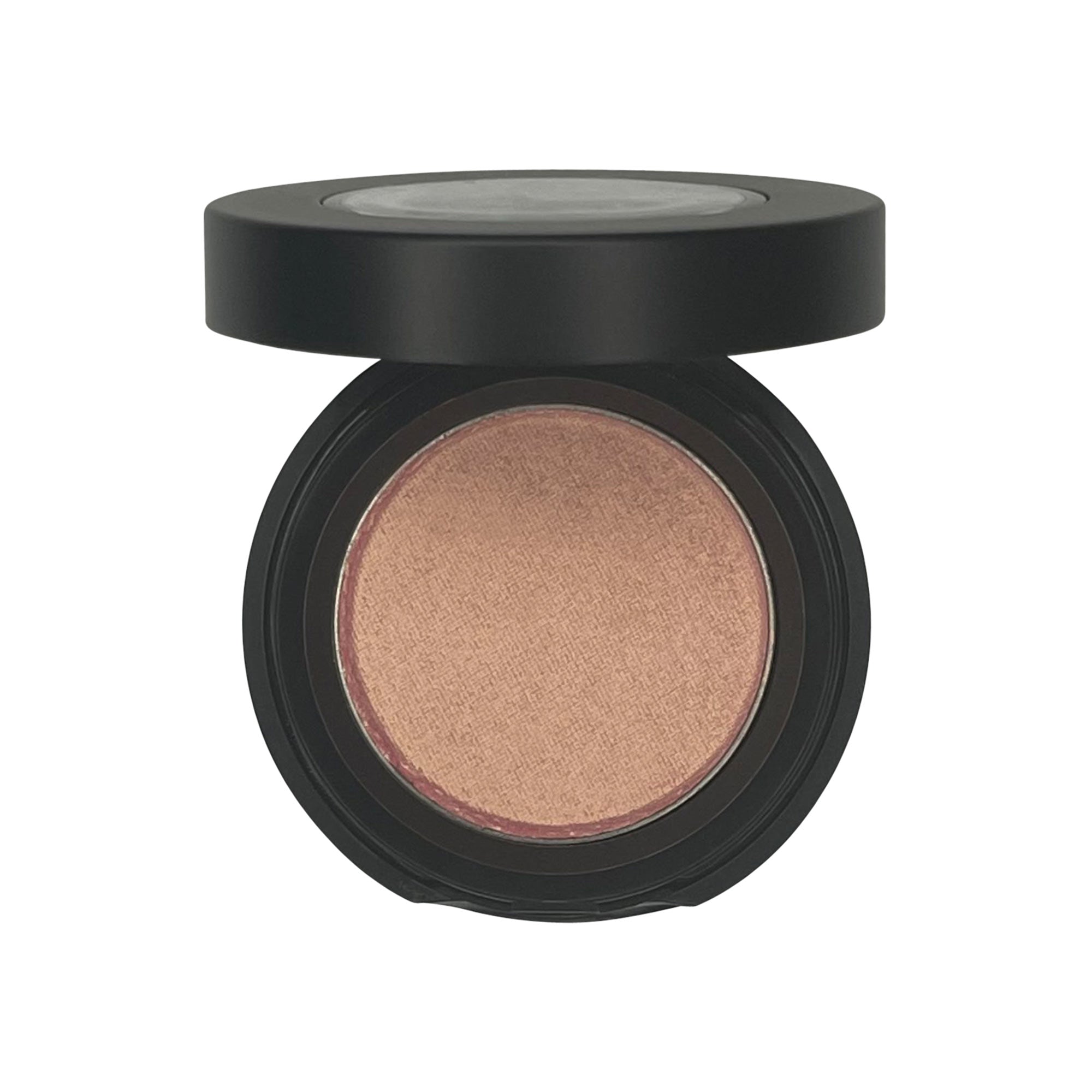An open black compact reveals a shimmery peachy eyeshadow.