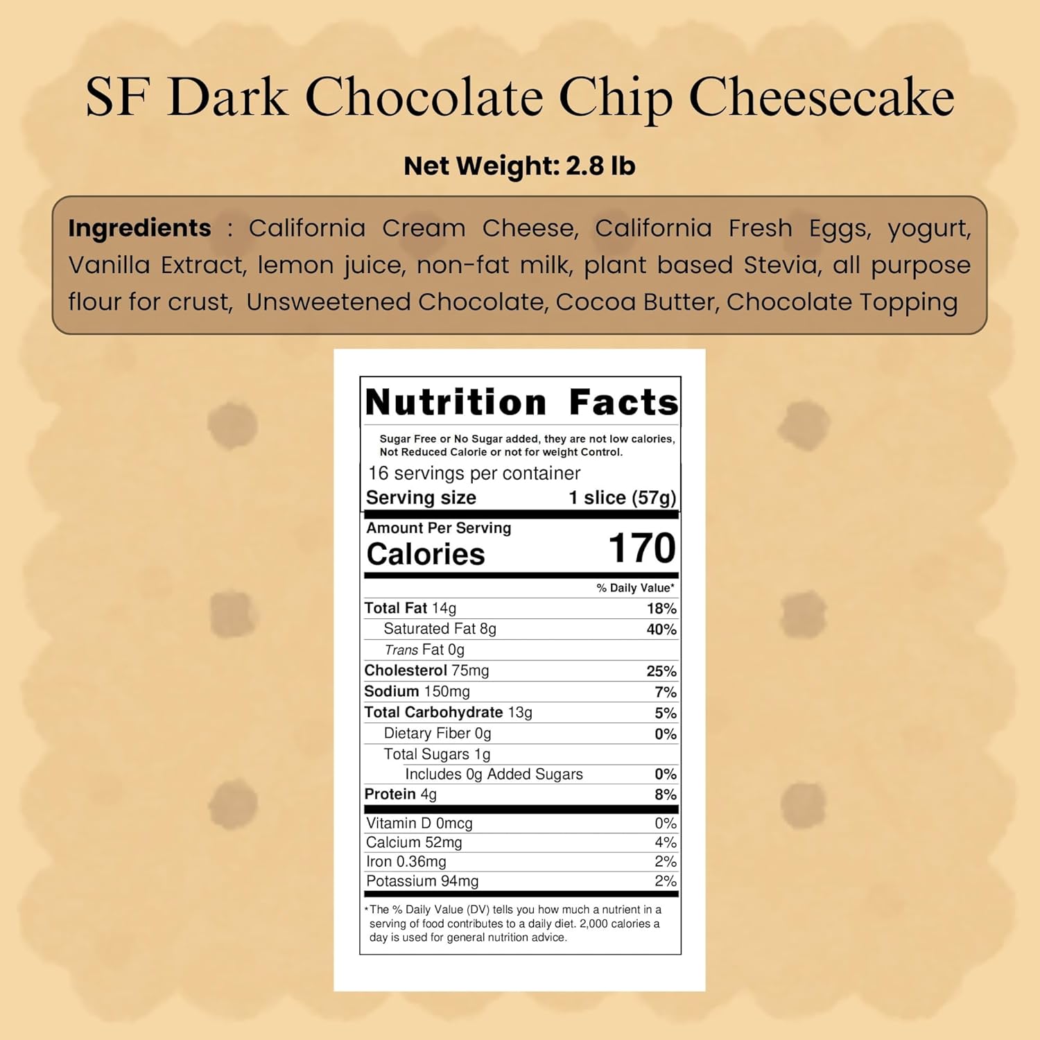Andy Anand Sugar-Free Dark Chocolate Chip Cheesecake (9-inch, 2.8 lbs) | Sugar-Free & Keto Cheesecake | Local SoCal Bakery