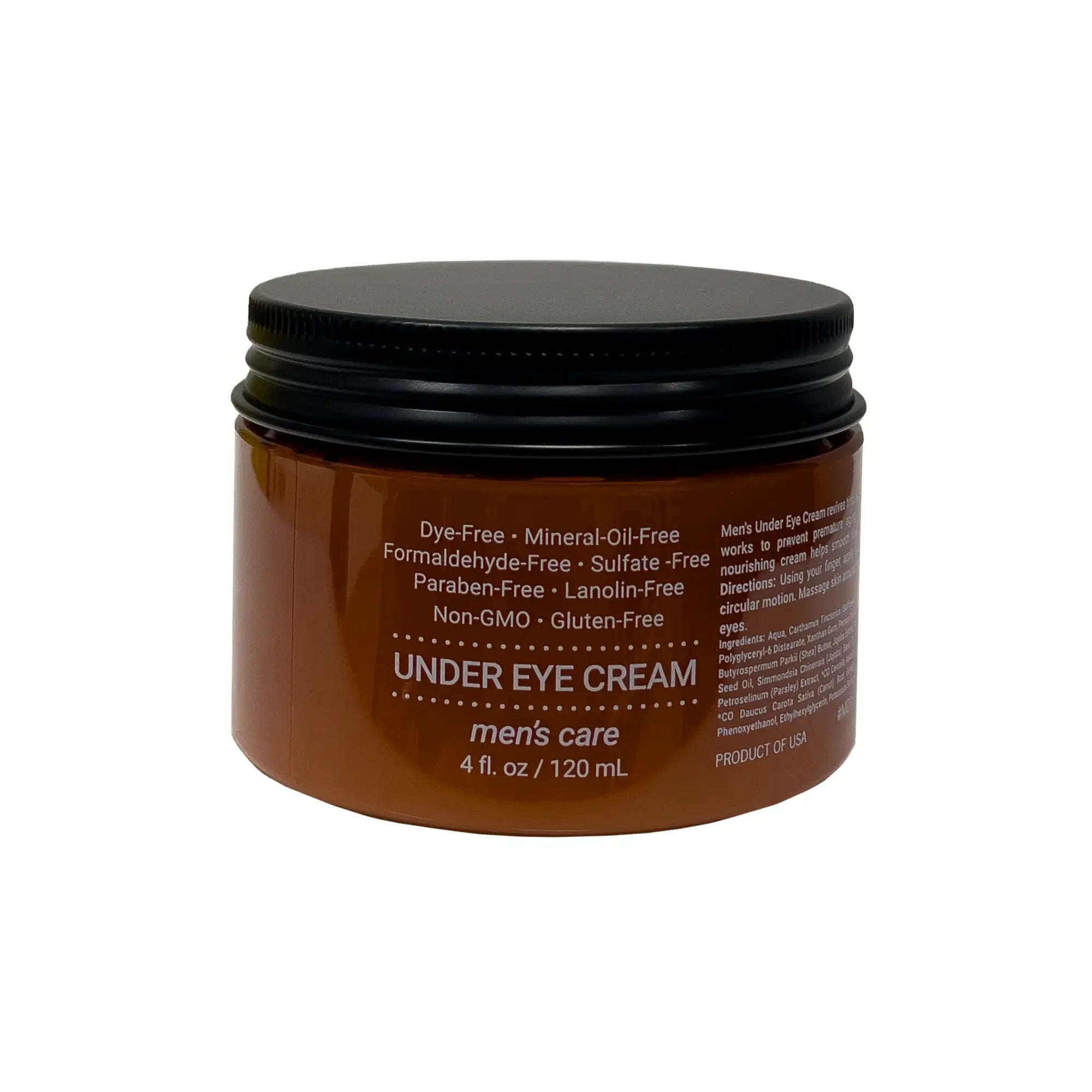A brown jar of Men's Under Eye Cream with a black lid.