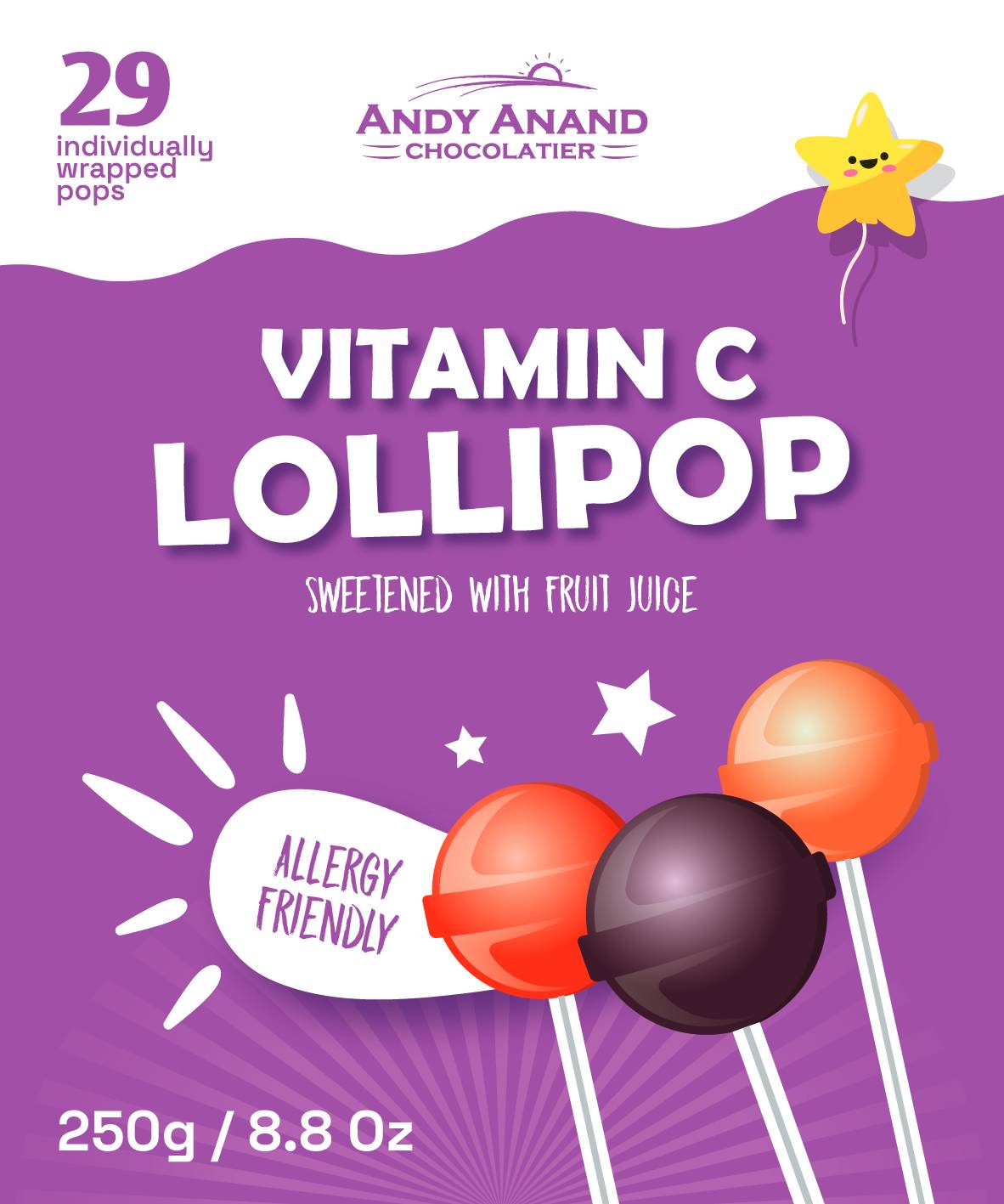 Andy Anand Sugar-Free Vitamin C Lollipops (29-31 ct, 8.8 oz) | Real Fruit Juice, Kids Immune Pops | Local SoCal Bakery