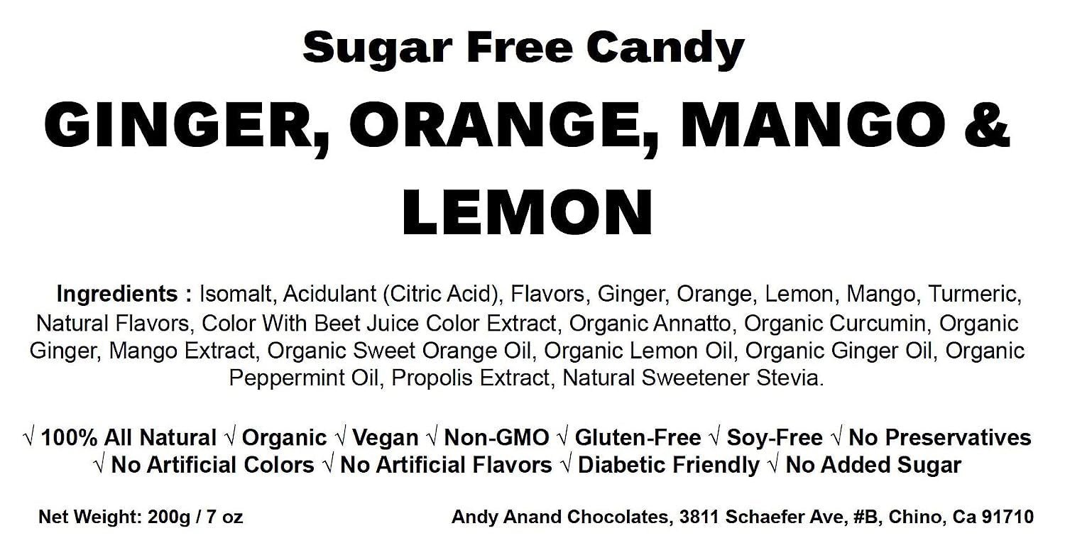 Andy Anand Sugar-Free Italian Ginger Candy (55 pc, 7 oz) | Orange, Mango, Lemon, Made in Italy | Local SoCal Bakery