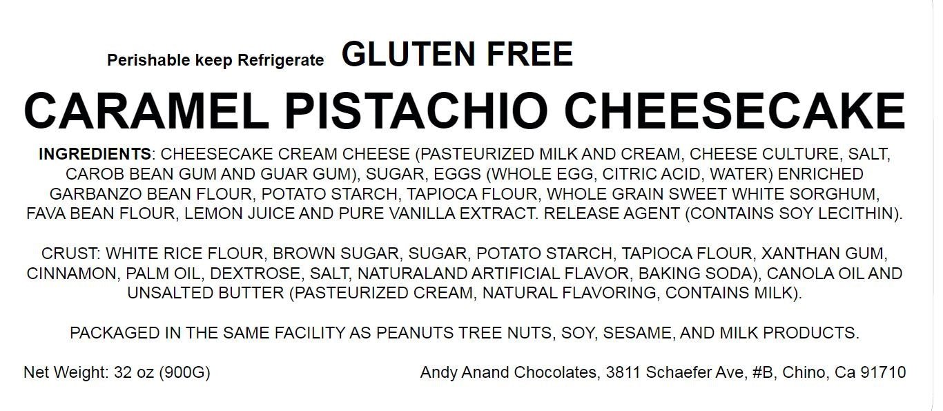 Andy Anand Gluten-Free Caramel Pistachio Cheesecake (9-inch, 2 lbs) | Hand-Baked Bakery Cheesecake | Local SoCal Bakery