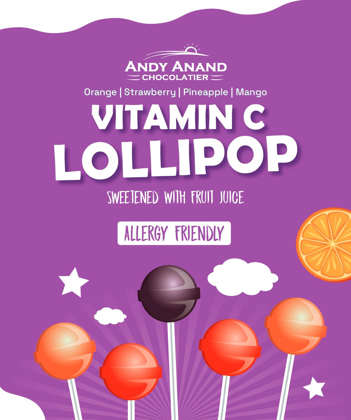 Andy Anand Sugar-Free Vitamin C Lollipops (29-31 ct, 8.8 oz) | Real Fruit Juice, Kids Immune Pops | Local SoCal Bakery